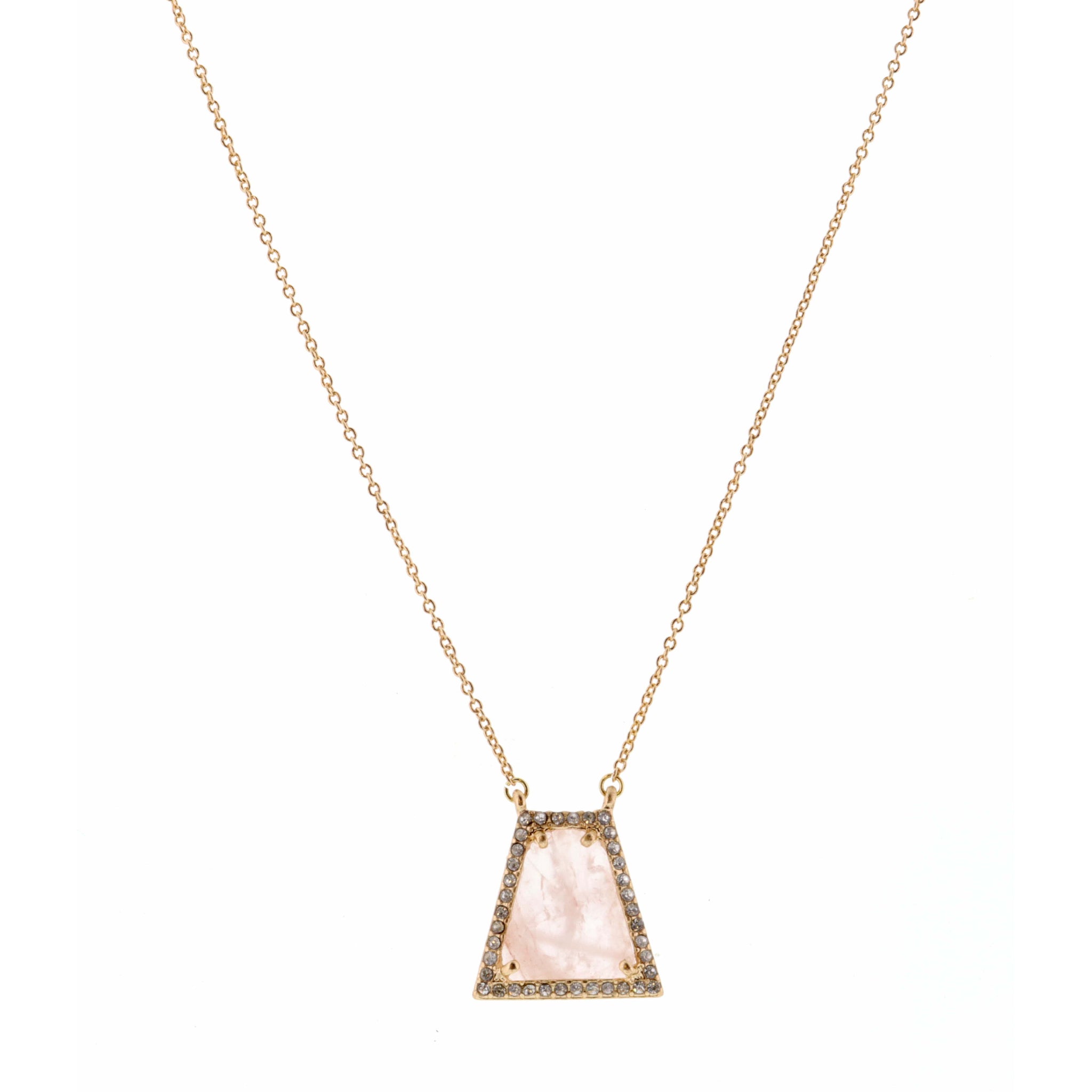 14" Rose Quartz Trapazoid Encased in Gold & Clear Stones Necklace, 3" Ext