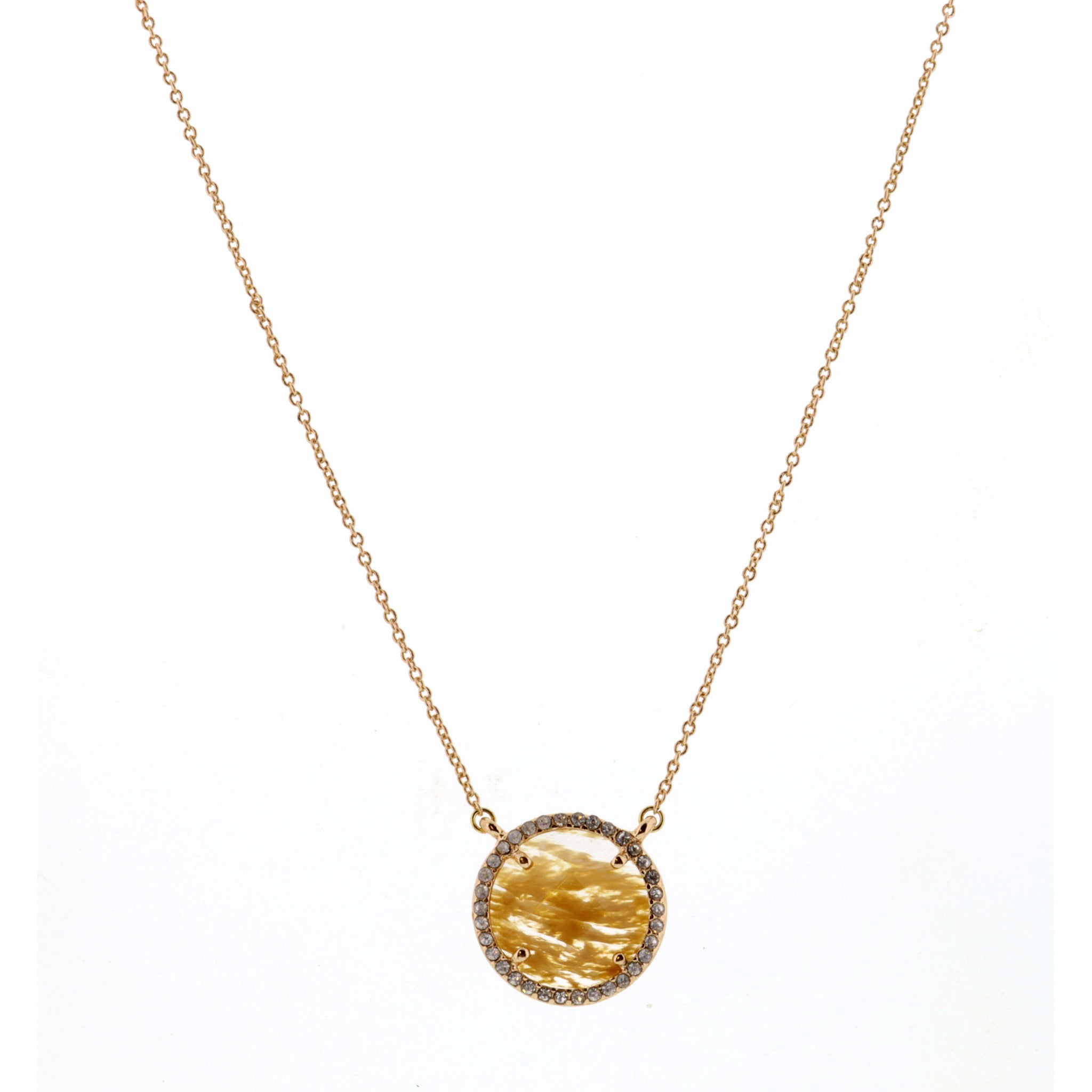 14" Natural Circle Encased in Gold & Clear Stones Necklace, 3" Ext