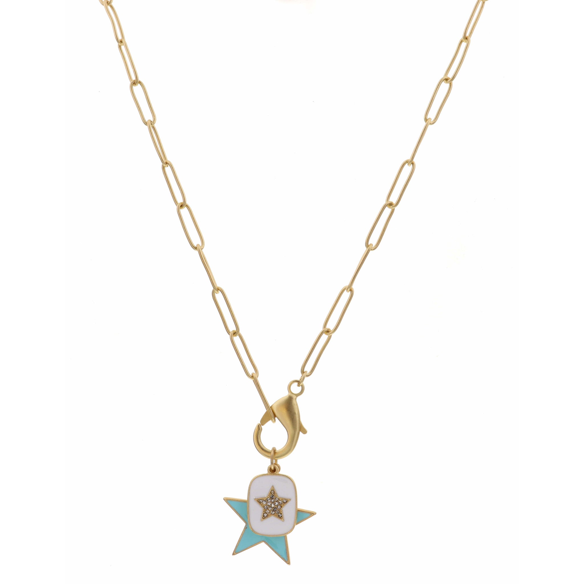 16" Blue Star, White Rectangle Star, Lobster Claw Accent Necklace, 3" Ext