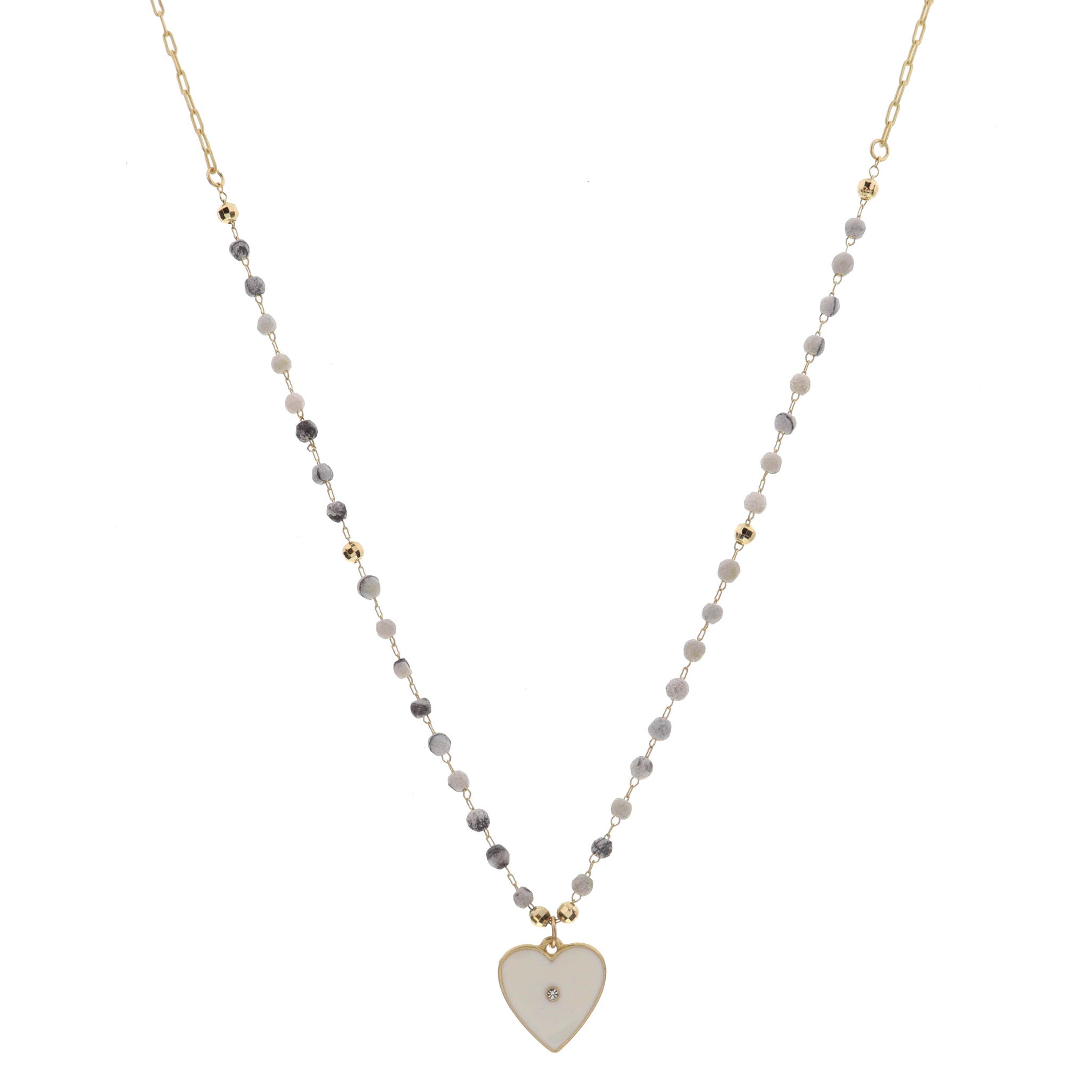 16" Map Stone Stations with Opal Heart Charm Necklace , 3" Ext