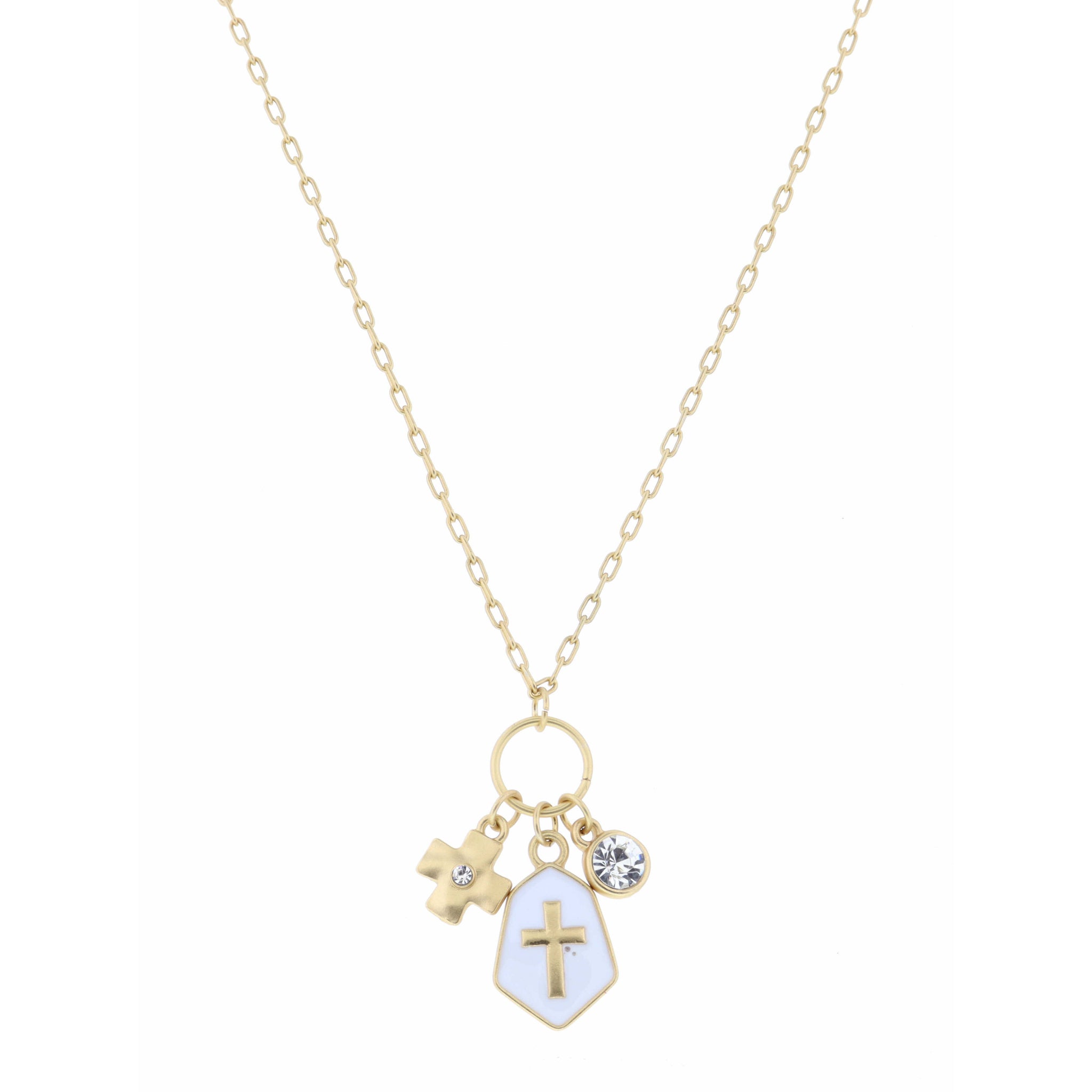 16" Gold Square Cross, White Hexagon with Cross, and Clear Encased Crystal Necklace , 3" Ext