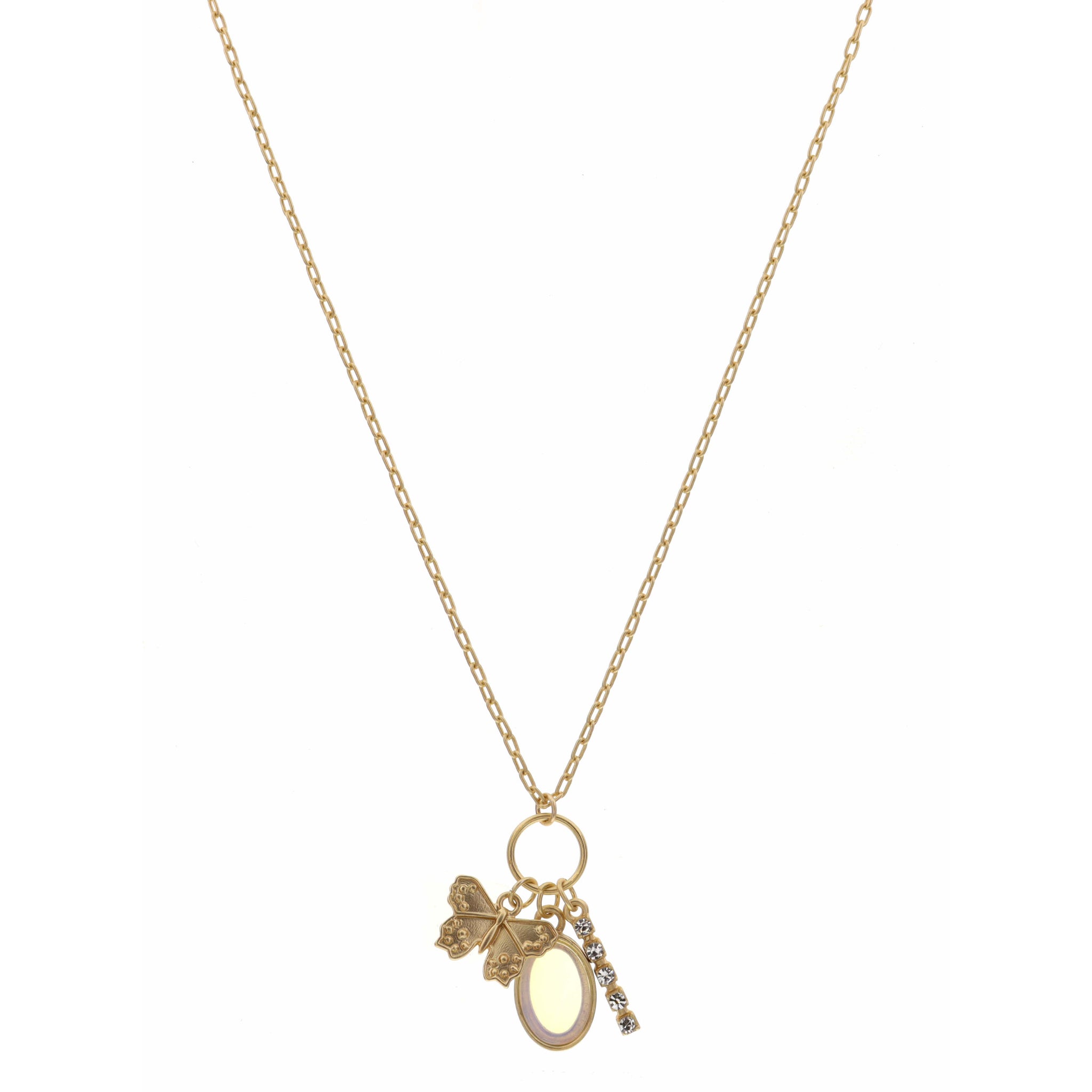16" Gold Butterfly, Opal Oval, and Clear Crystal Bar Necklace , 3" Ext