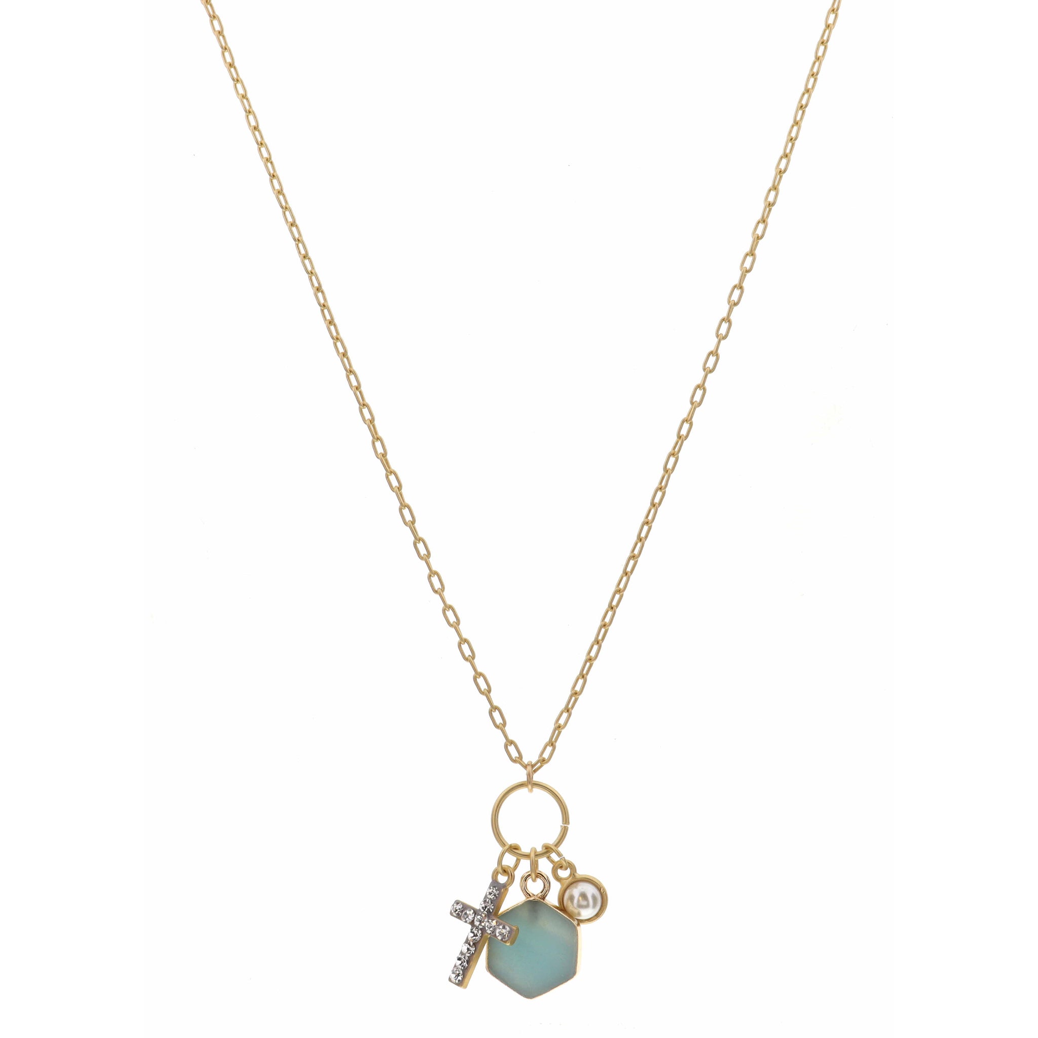 16" Cabachon Pearl, Ocean Hexagon, Clear Crystal Cross Necklace , 3" Ext