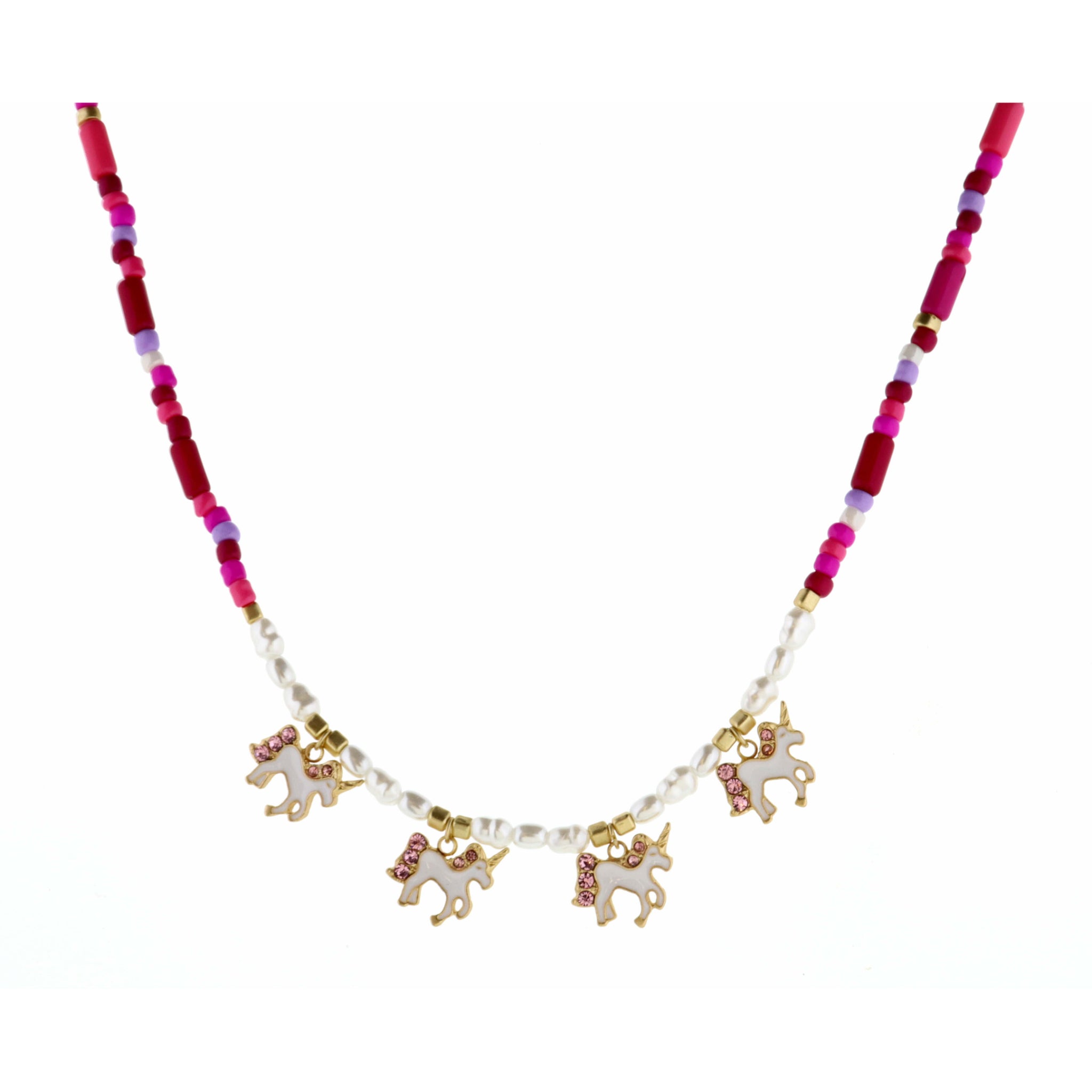 Kids 14" Unicorns on Pink Seedbead & Pearl Necklace, 2" Ext