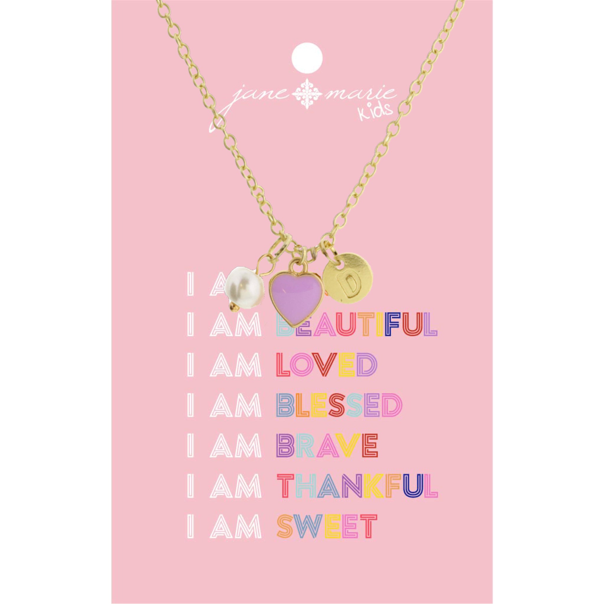 Kids 14" "D" Initial Disc, Pearl, & Purple Heart Necklace, 2" Ext