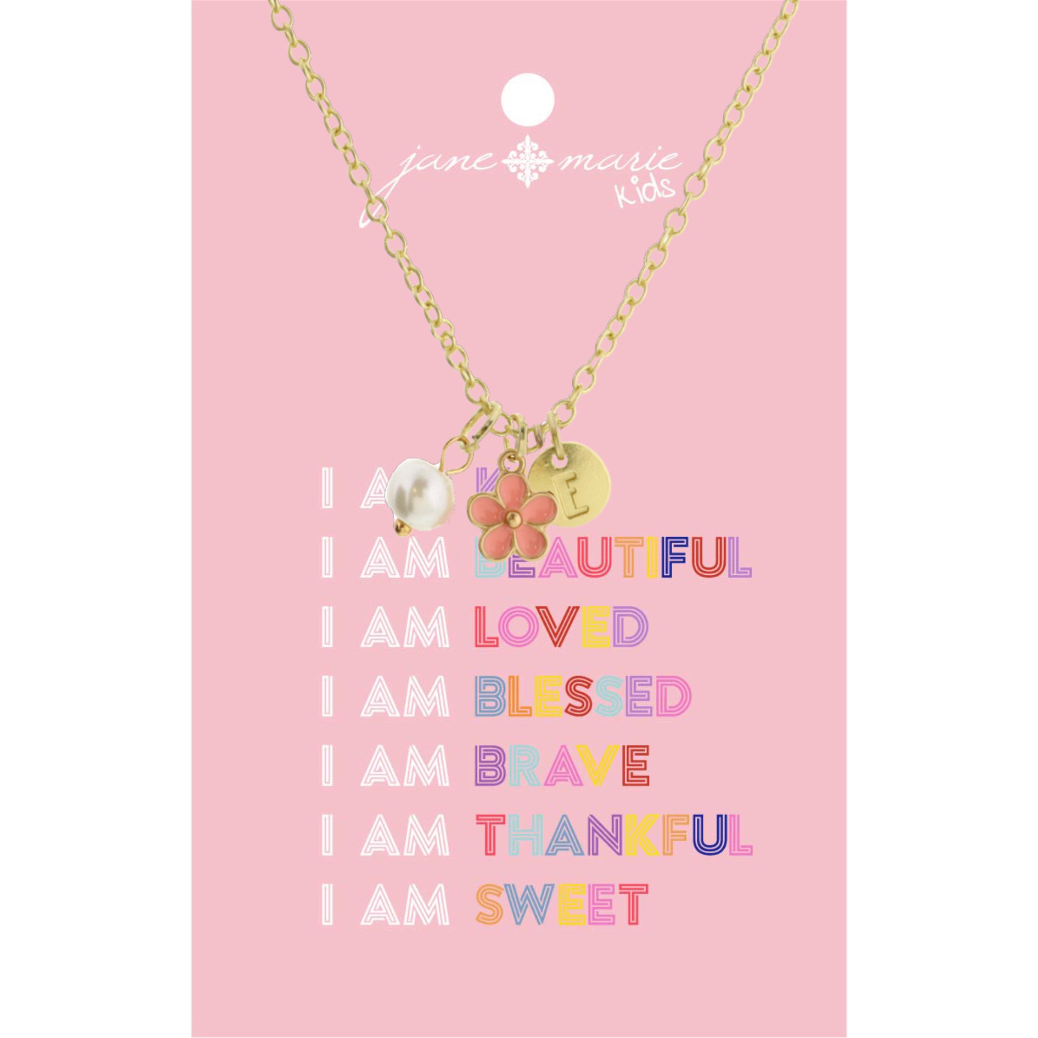 Kids 14" "E" Initial Disc, Pearl, & Pink Flower Necklace, 2" Ext