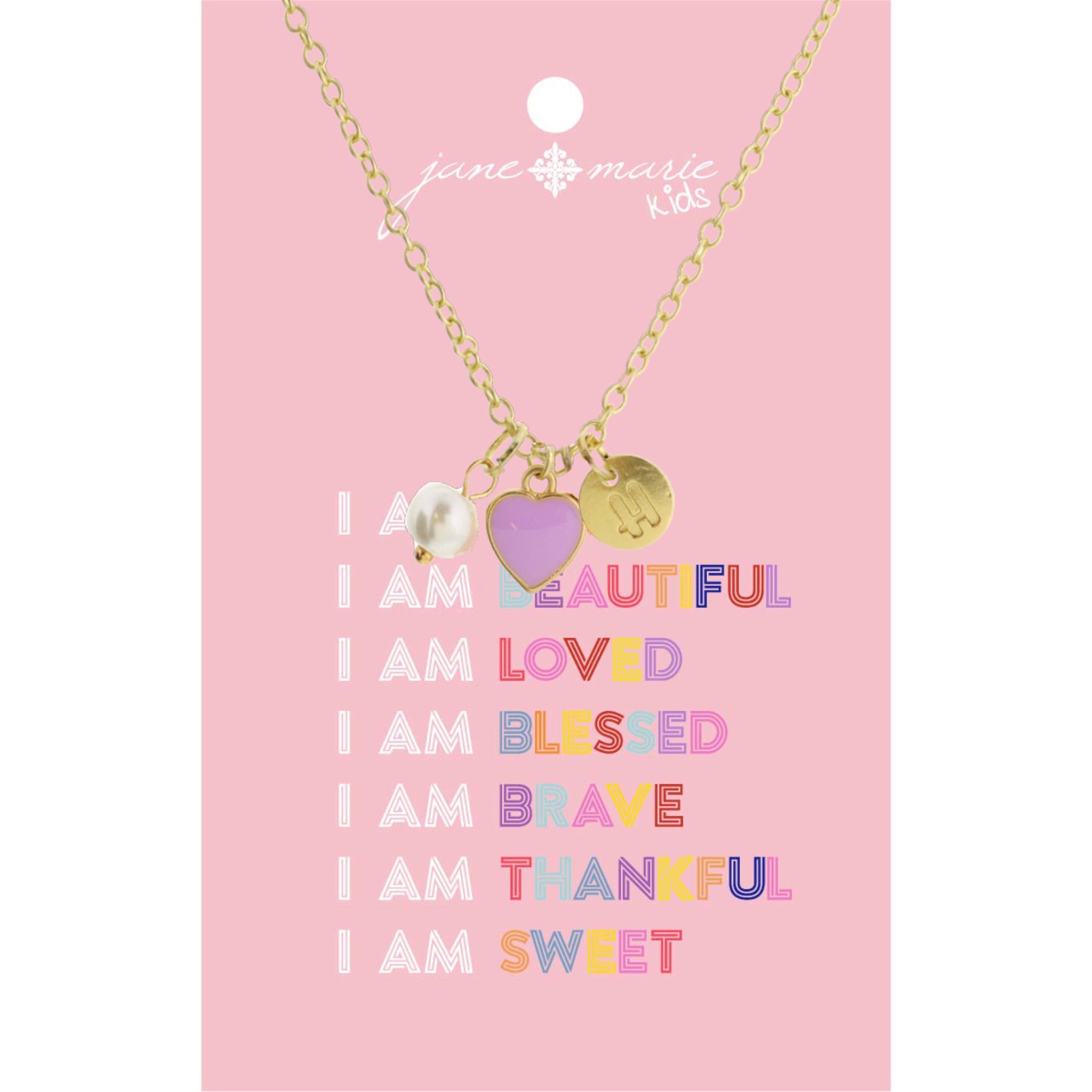 Kids 14" "H" Initial Disc, Pearl, & Purple Heart Necklace, 2" Ext