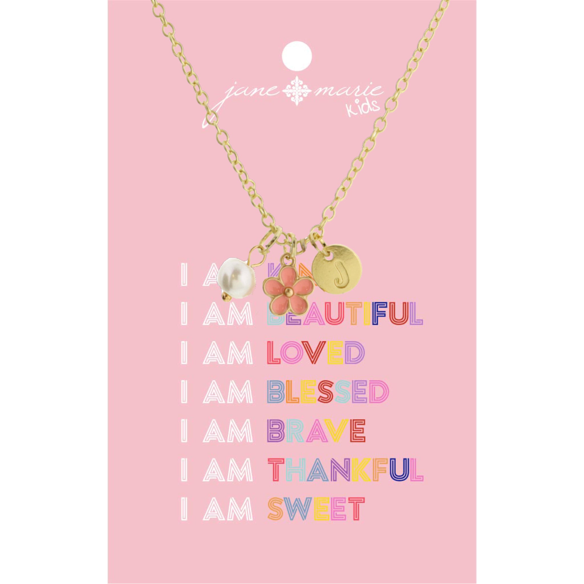 Kids 14" "J" Initial Disc, Pearl, & Pink Flower Necklace, 2" Ext