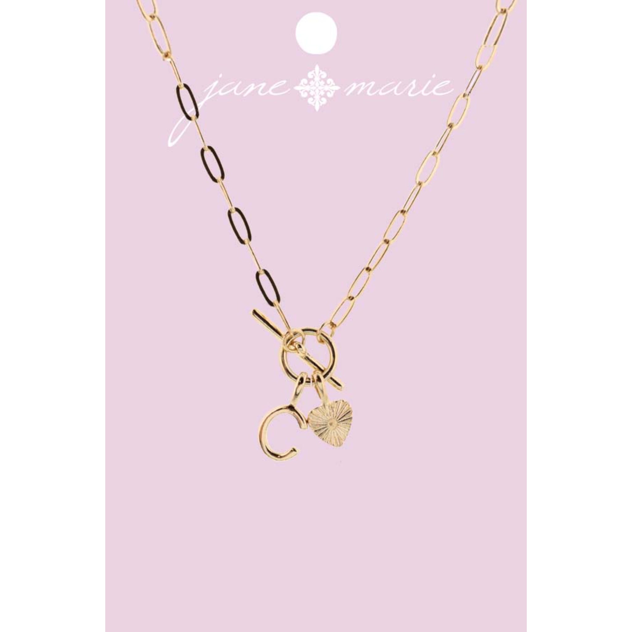 16" Gold "C" Initial with Textured Heart Necklace, .25", .50" Pendant