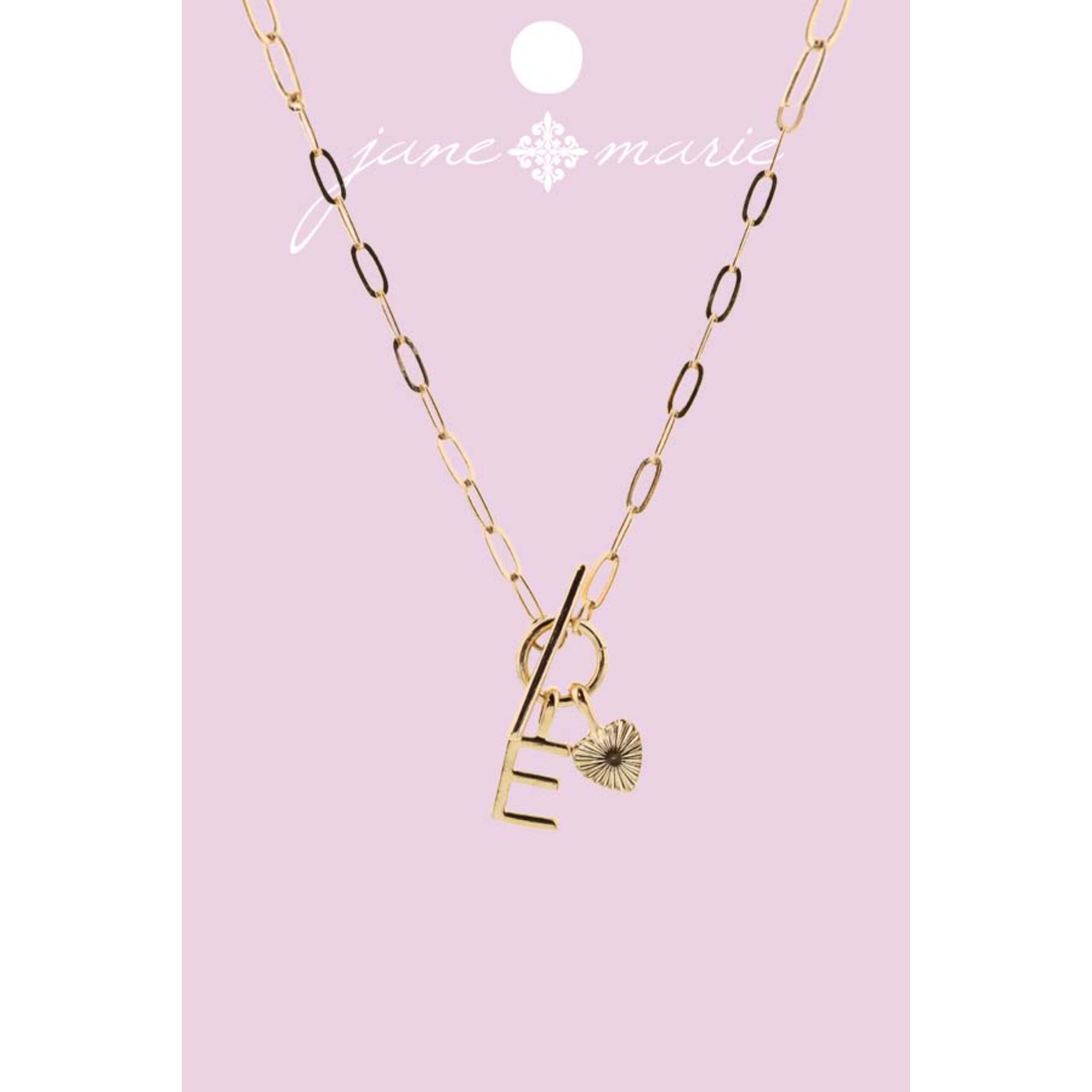 16" Gold "E" Initial with Textured Heart Necklace, .25", .50" Pendant