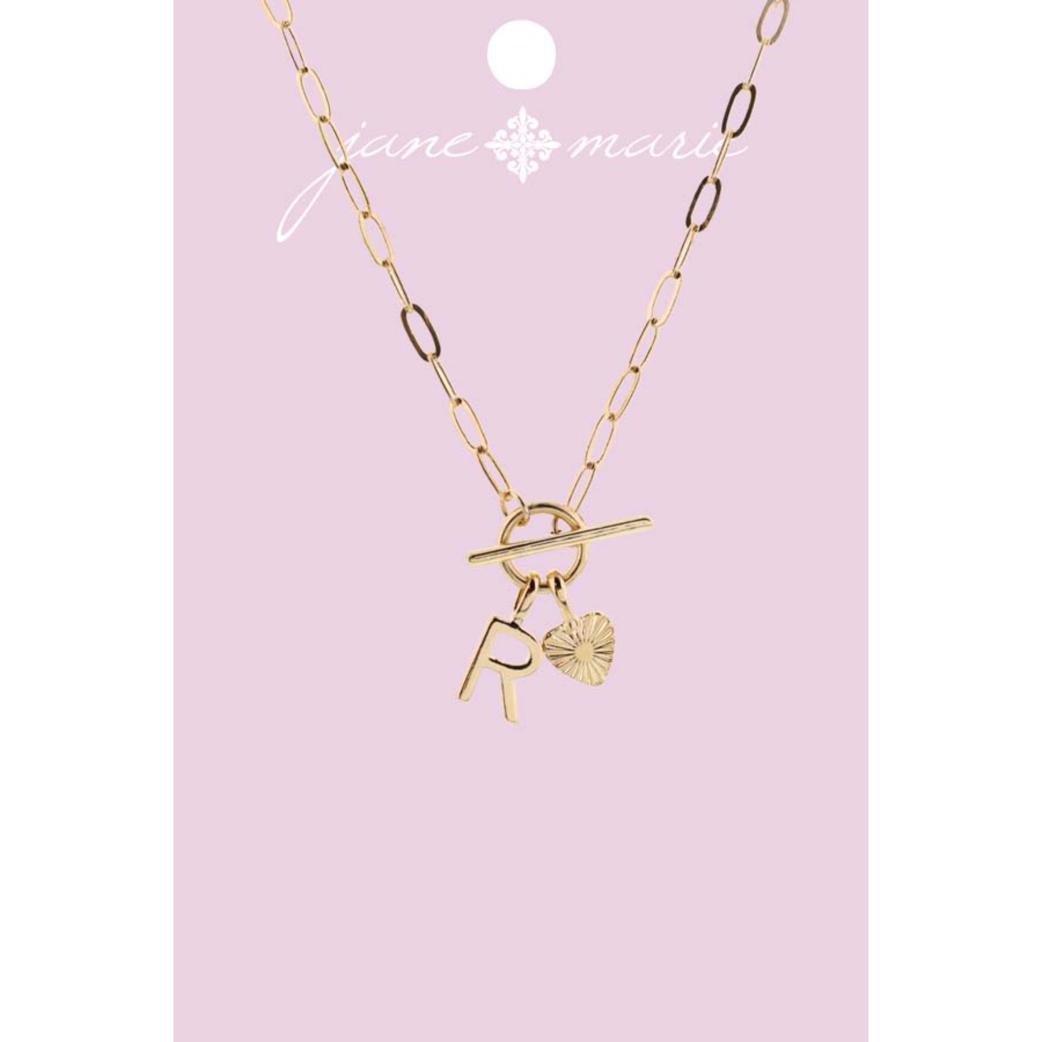 16" Gold "R" Initial with Textured Heart Necklace, .25", .50" Pendant