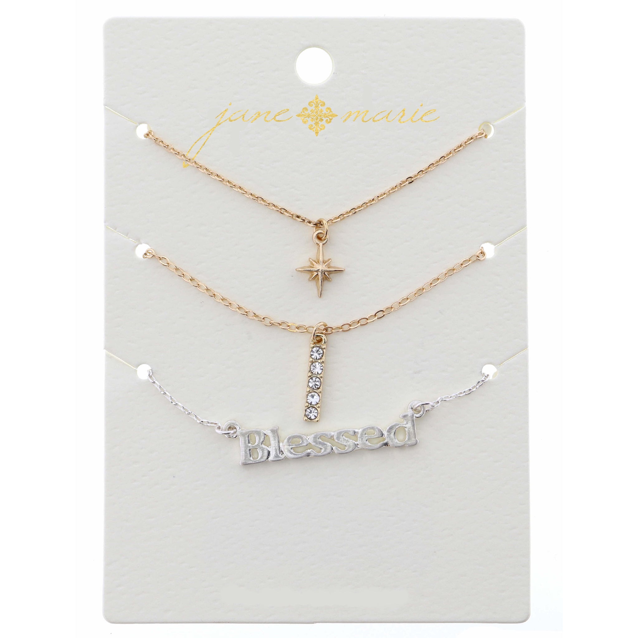 16" Set of 3, Star, Bar, Bless Necklace, .25", .50", .25" Pendant, 3" Ext