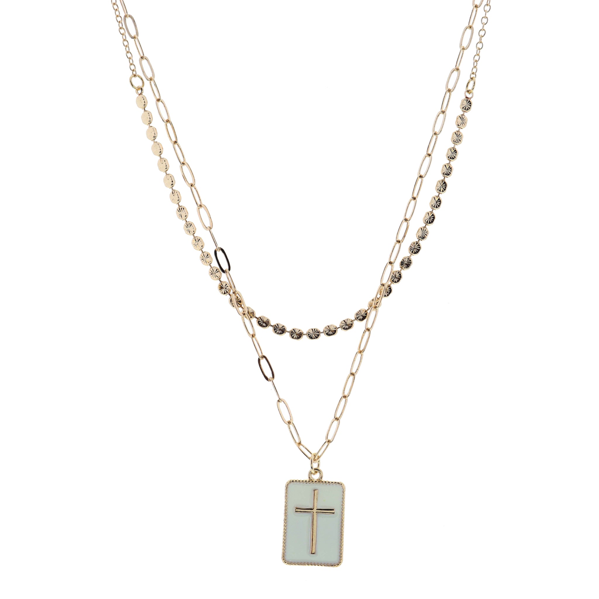 16", 18" 2 Layered Cross on Ivory Rectangle Necklace, 3" Ext