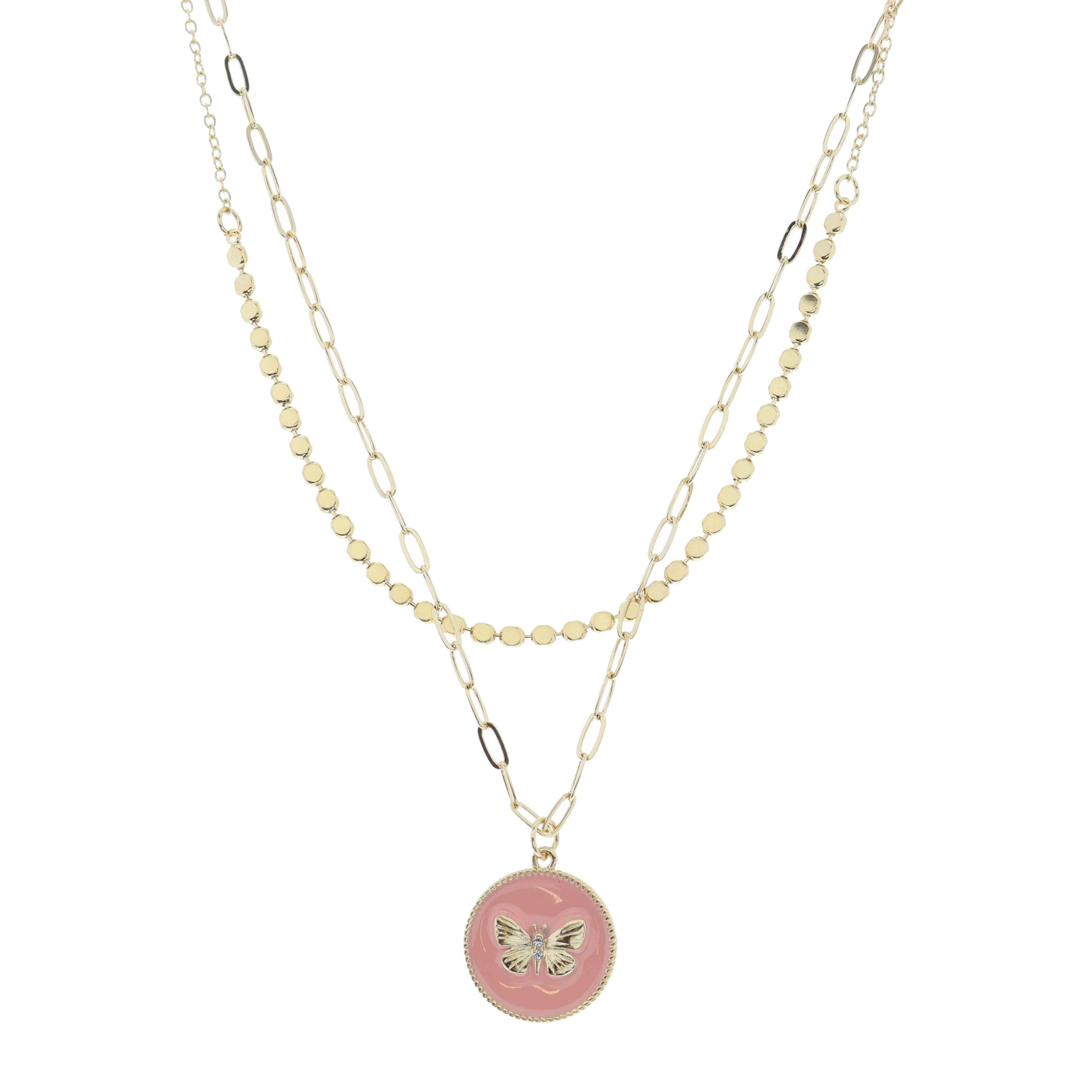 16", 18" 2 Layered Butterfly on Pink Circle Necklace, 3" Ext