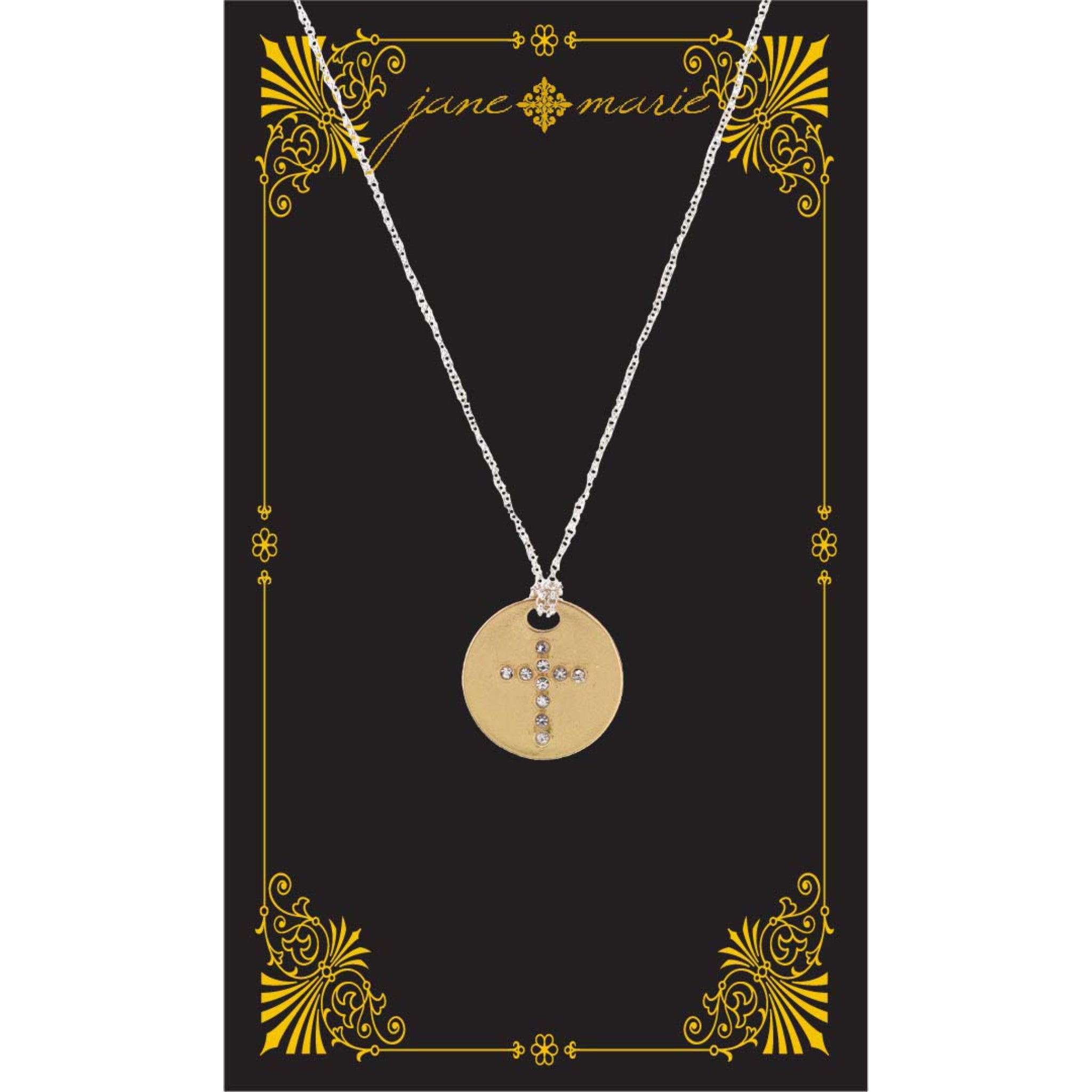 16" Gold Disk with Raised Crystal Cross Accents Necklace, , 3" Ext