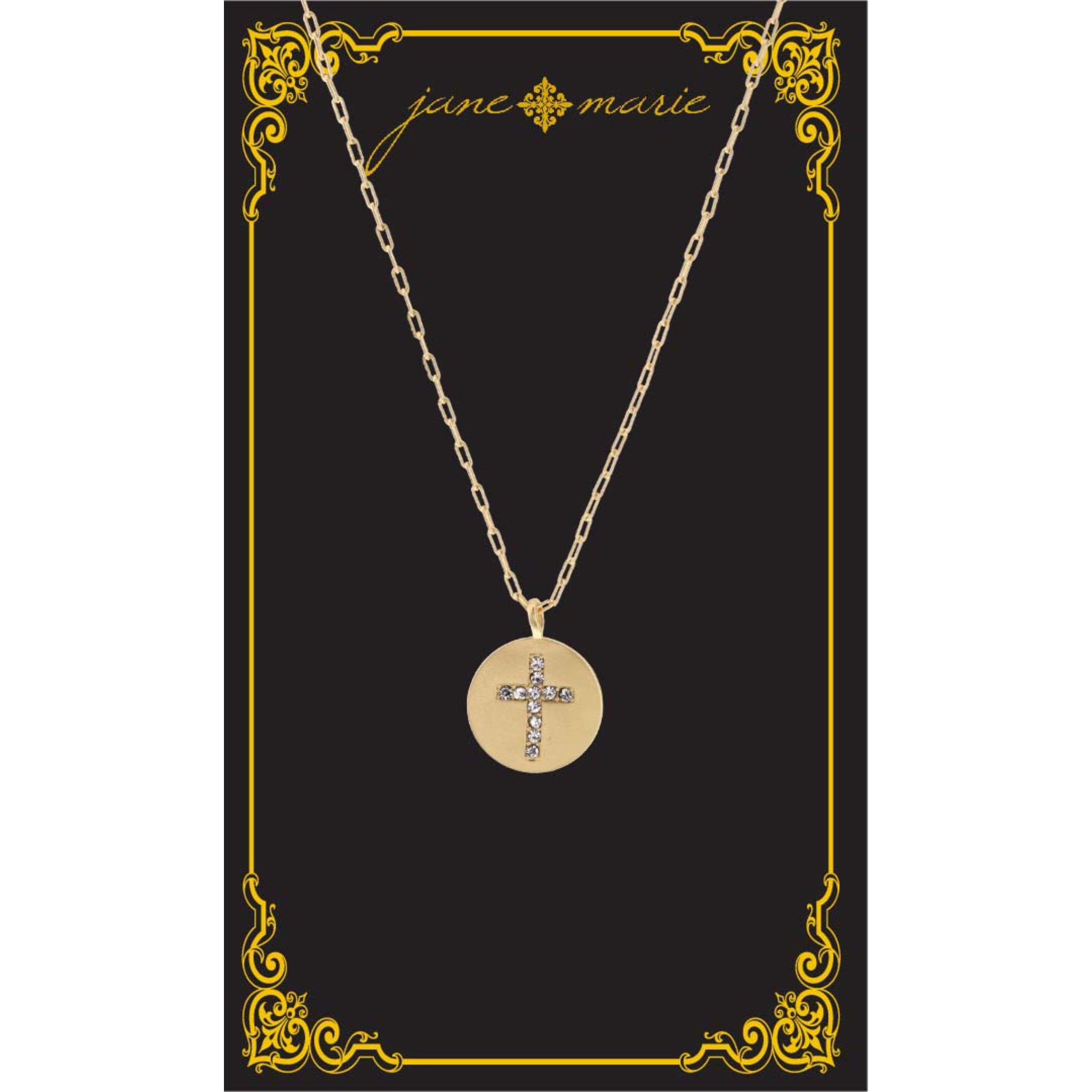 16" Gold Disk with Clear Crystal Cross Inlay Necklace, , 3" Ext