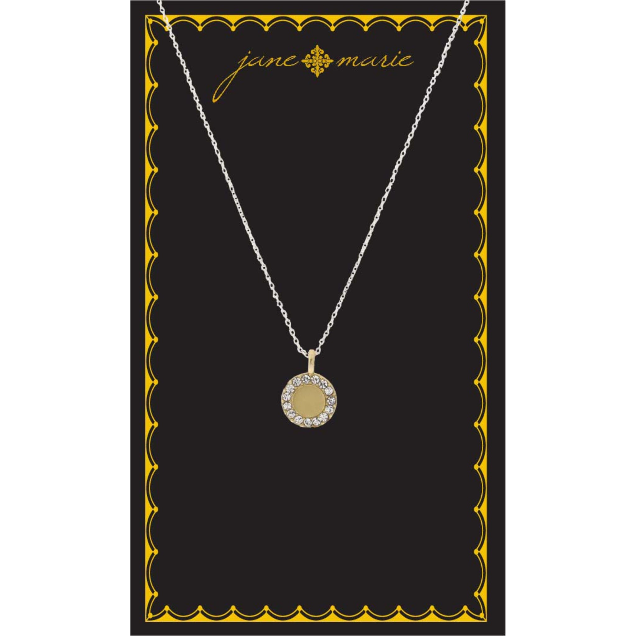 16" Gold Disk with Clear Crystal Edging  Necklace, , 3" Ext