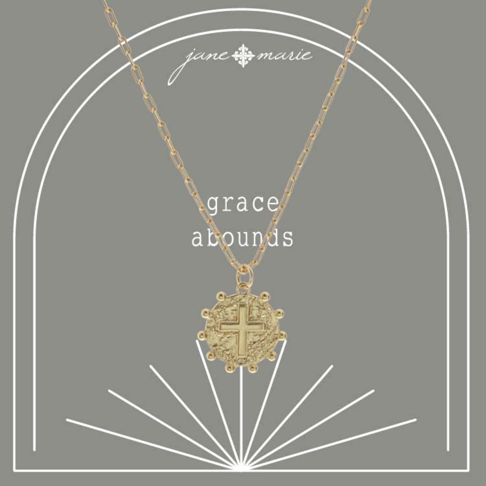16" Gold Textured Cross Disk with Outer Studs Necklace, 3" Ext