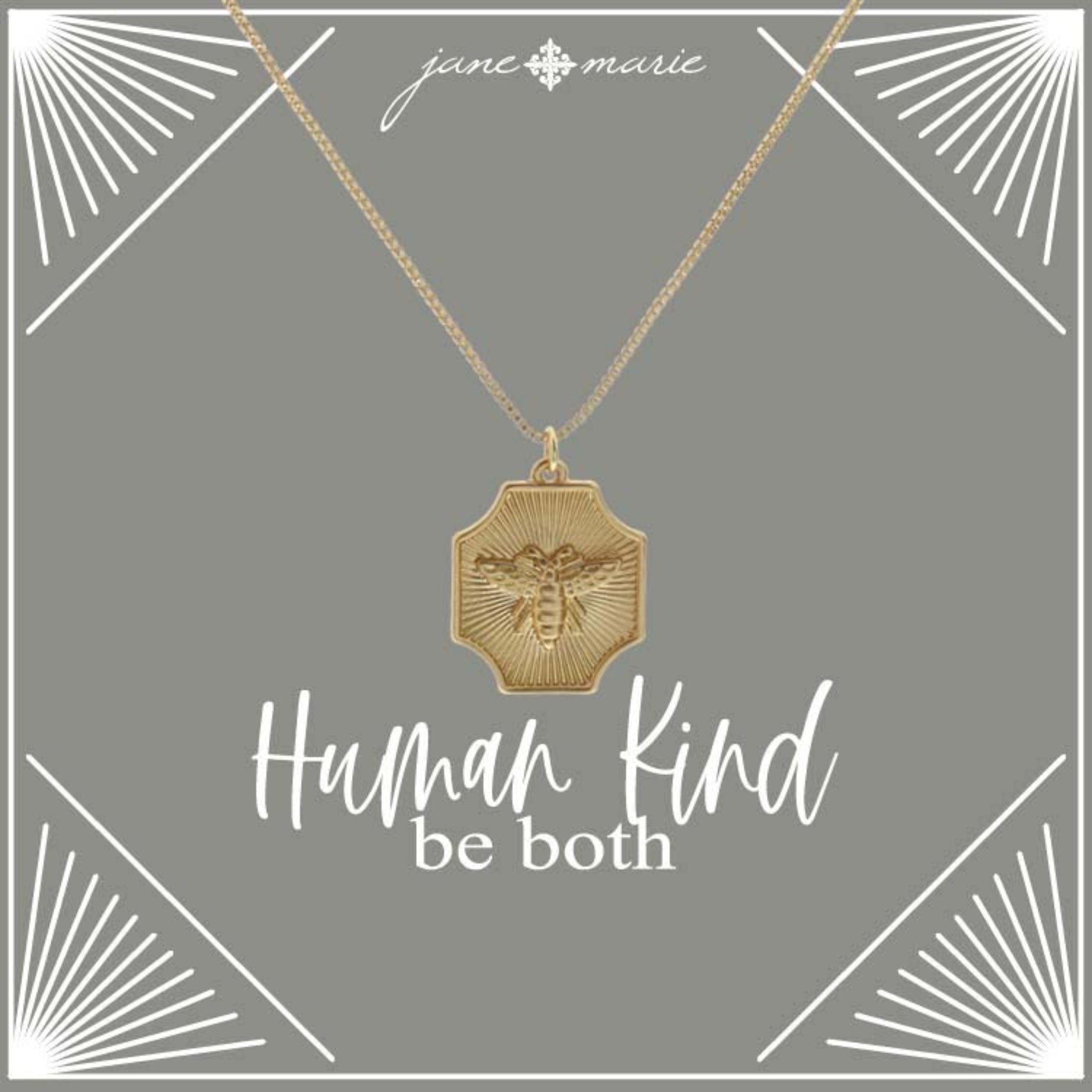 16" Gold Textured Square Cross with Bee Necklace, 3" Ext