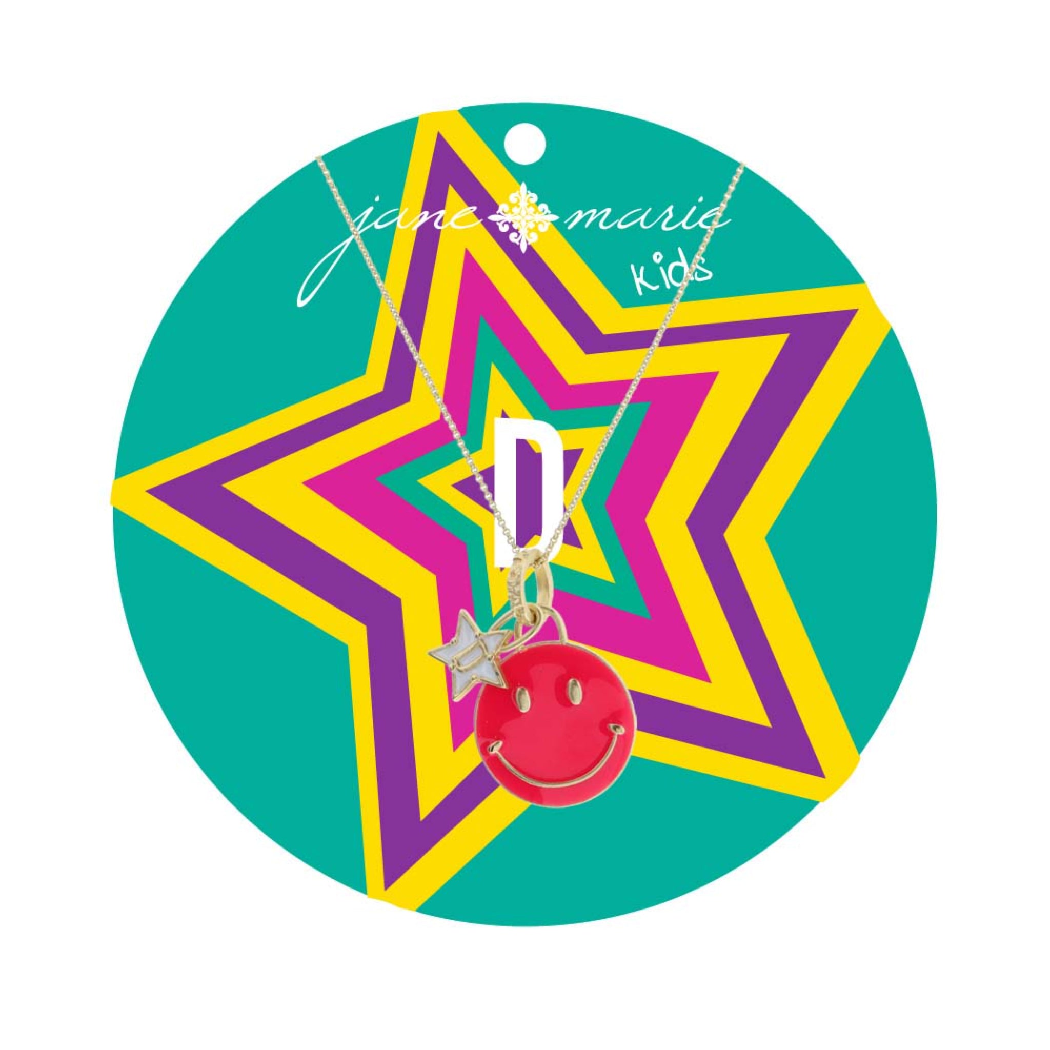 Kids 14" Happy Face, Hot Pink & Yellow with Star "D" Necklace, 3" Ext