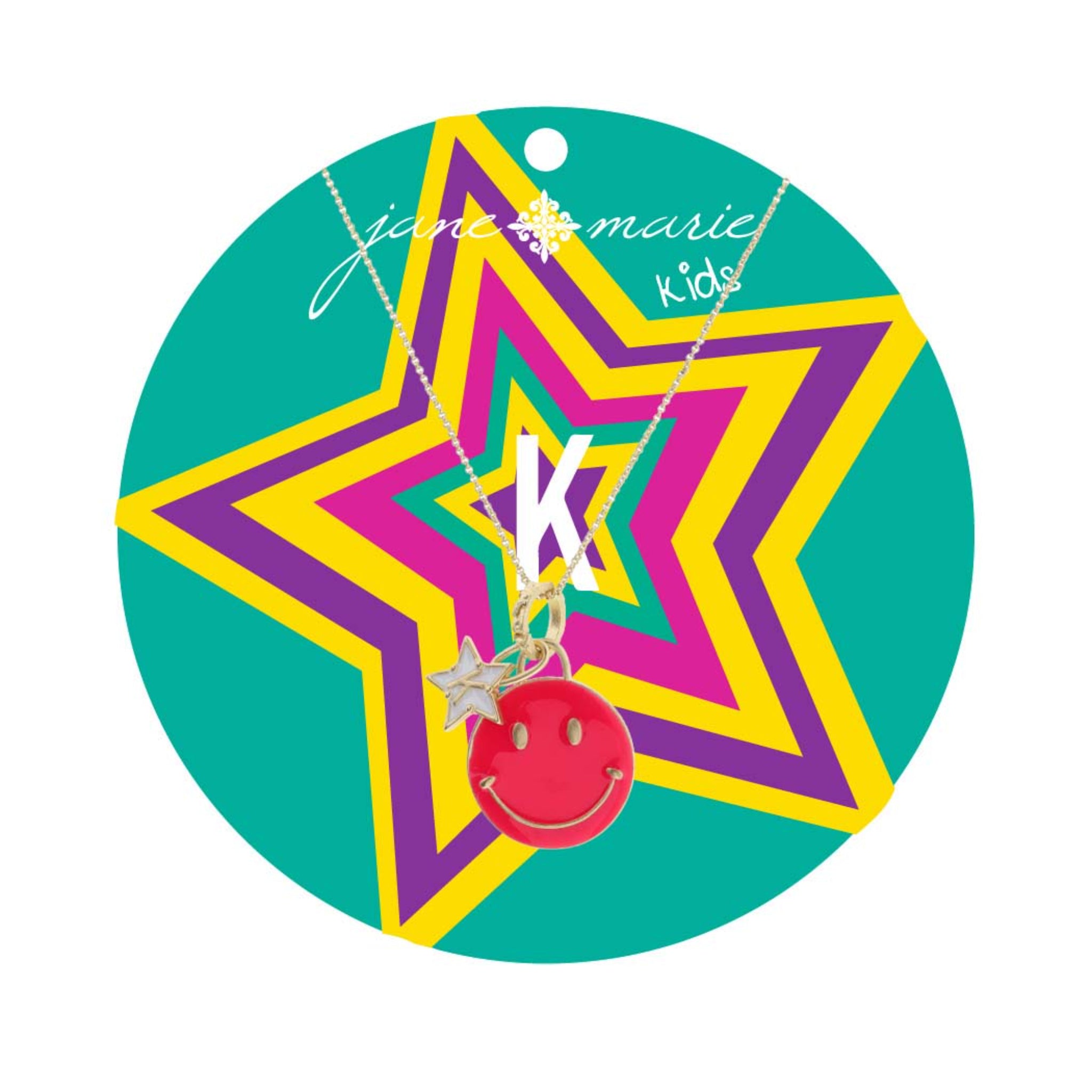 Kids 14" Happy Face, Hot Pink & Yellow with Star "K" Necklace, 3" Ext