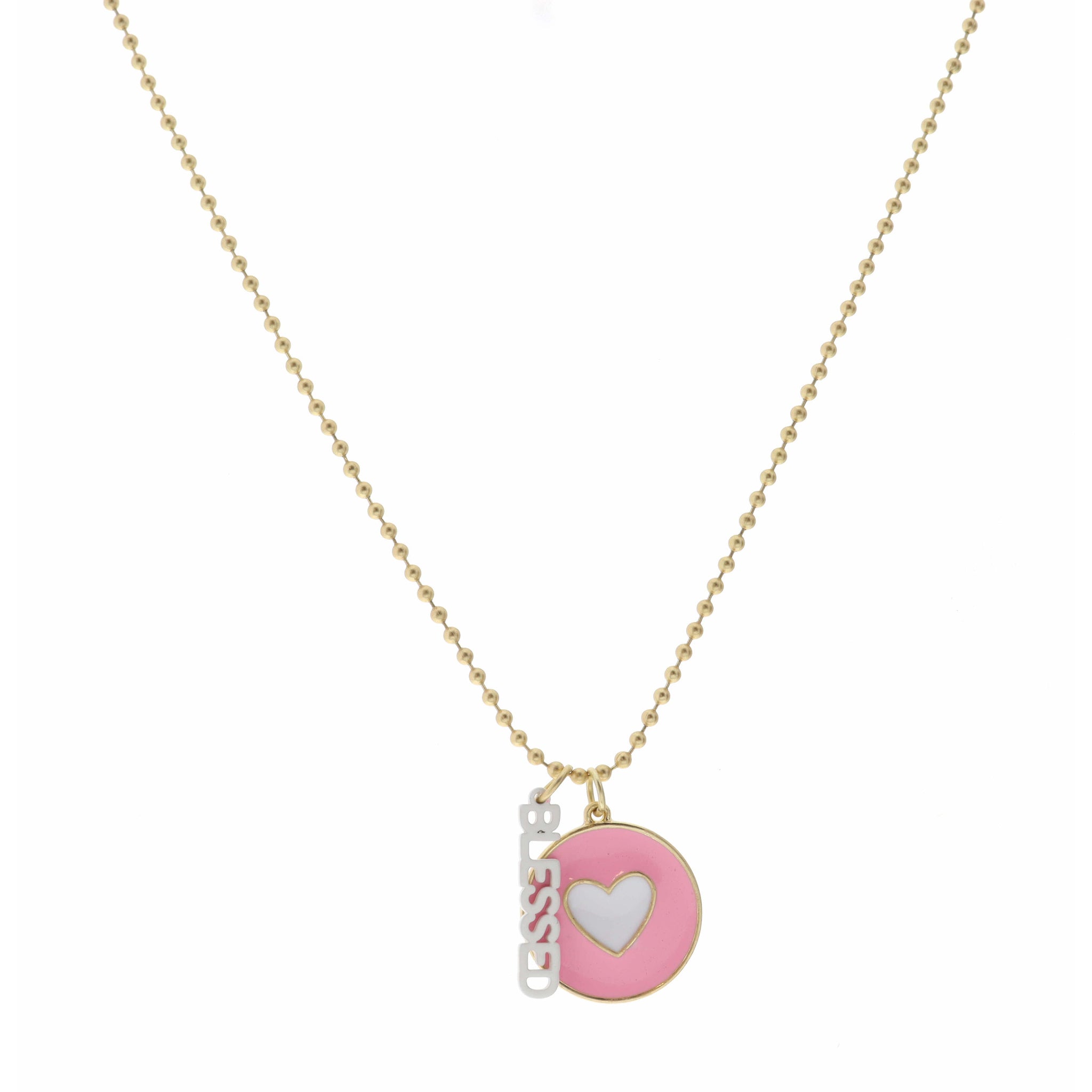 Kids 14" White Heart on Circle Pink Disc with White "Blessed"  Necklace
