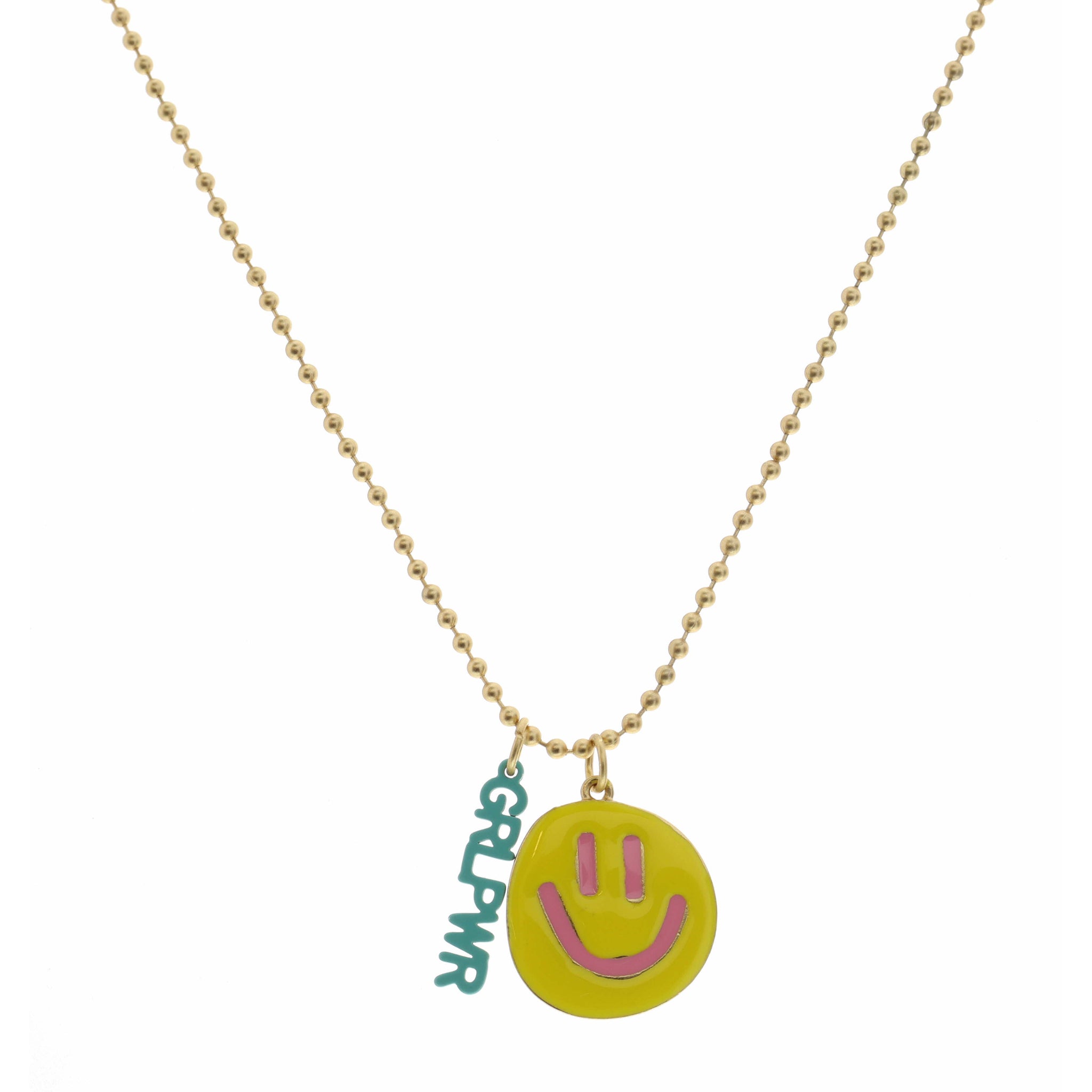 Kids 14" Turquoise "GRLPWR" with Yellow Happy Face Necklace