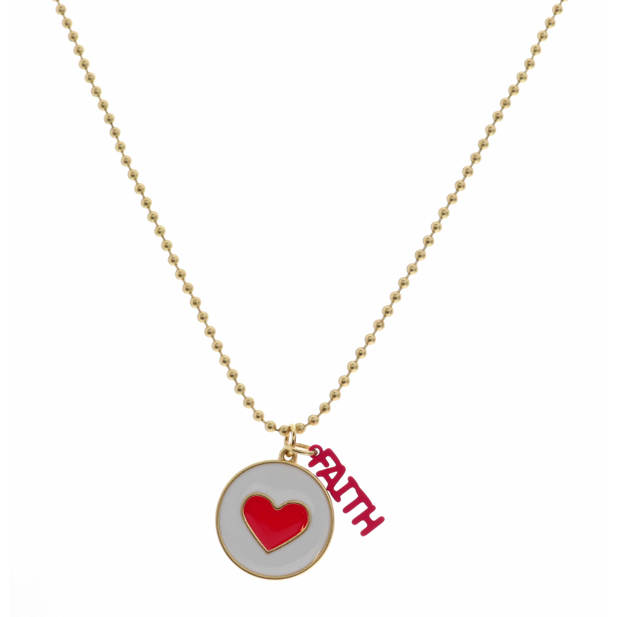 Kids 14" Pink Heart on White Disc with Pink "Faith"  Necklace