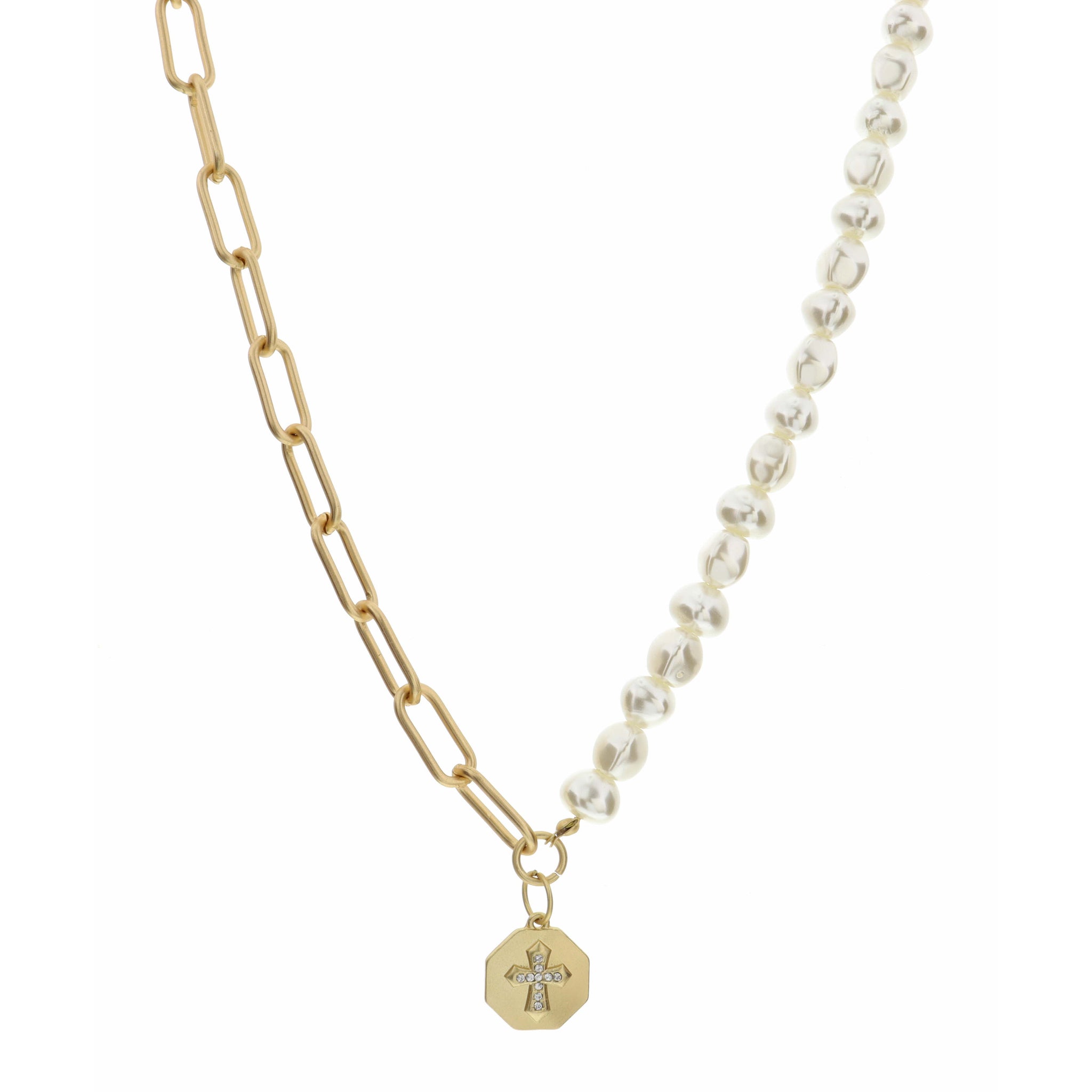 16" Chain & Pearl with Crystal Cross on Octagon Necklace, 3" Ext