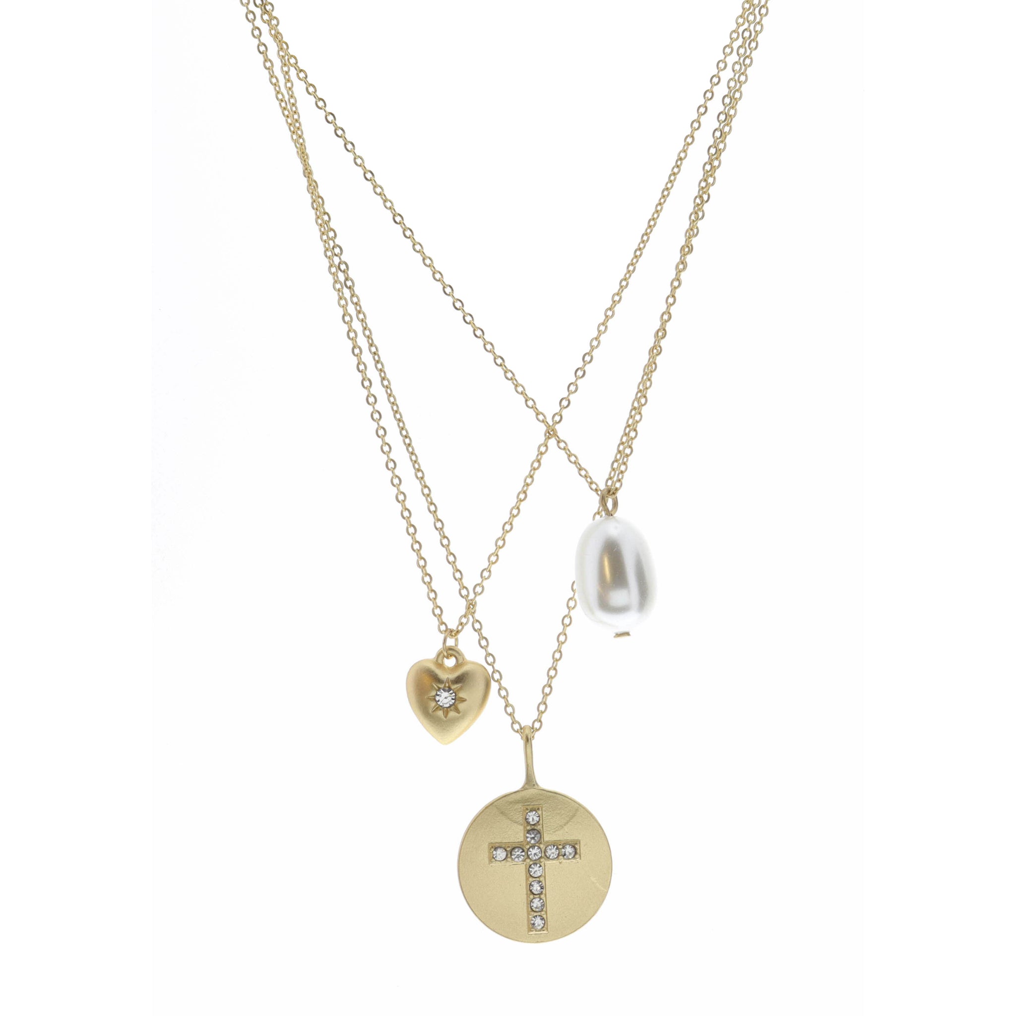 15", 16", 17" Pearl, Crystal Heart, Crystal Cross Disk Necklace, 3" Ext