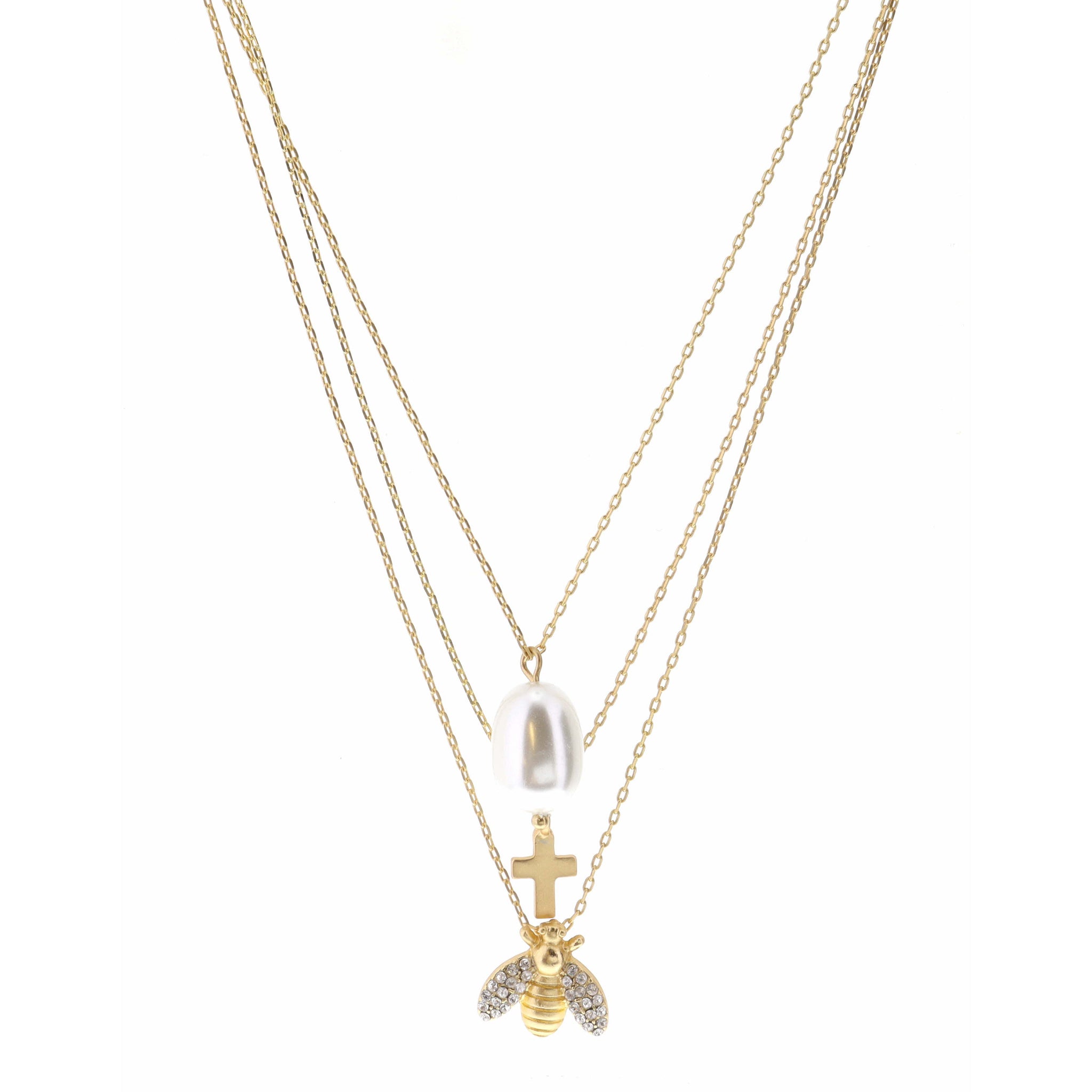 15", 16", 17" Pearl, Cross, Crystal Bee Necklace, 3" Ext