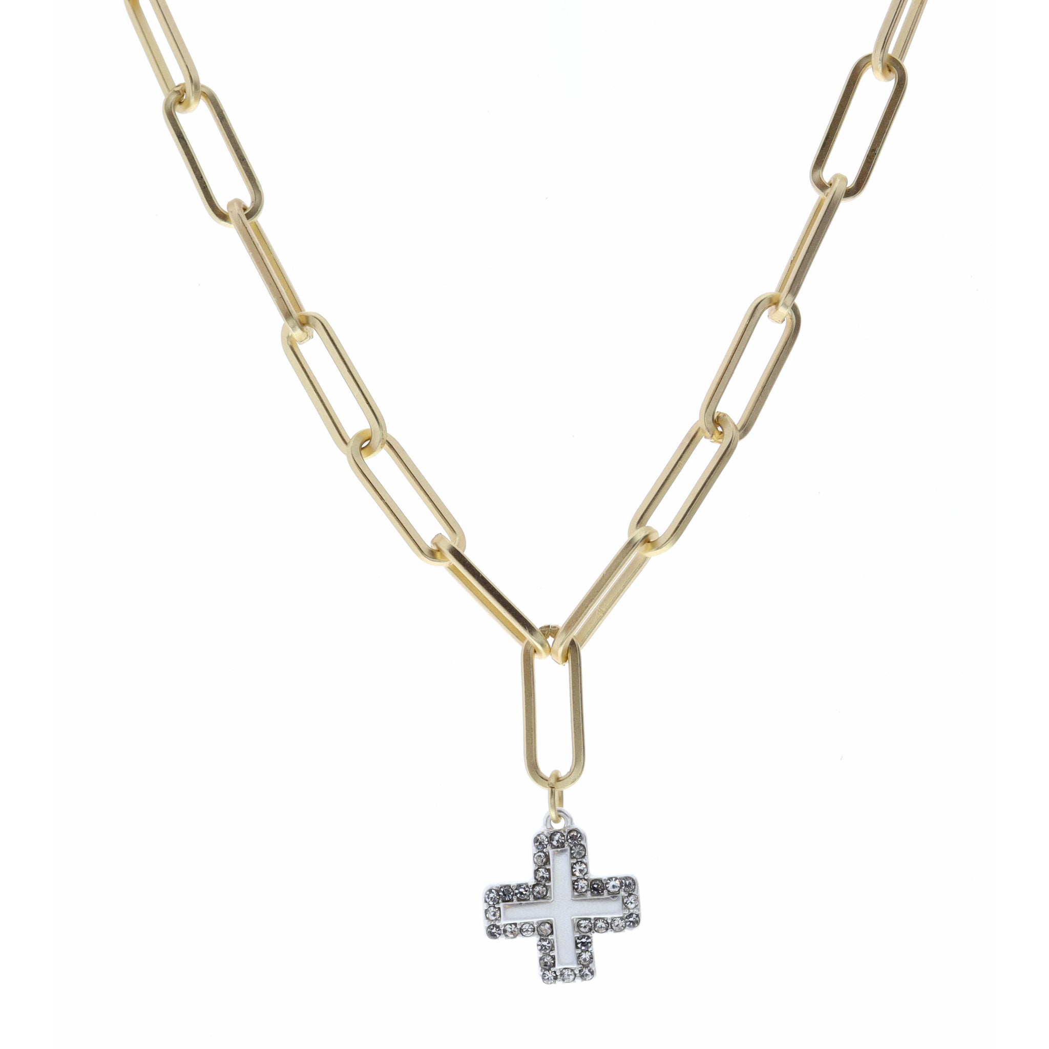 16" Silver Cross with Crystal Outline  Necklace, 3" Ext