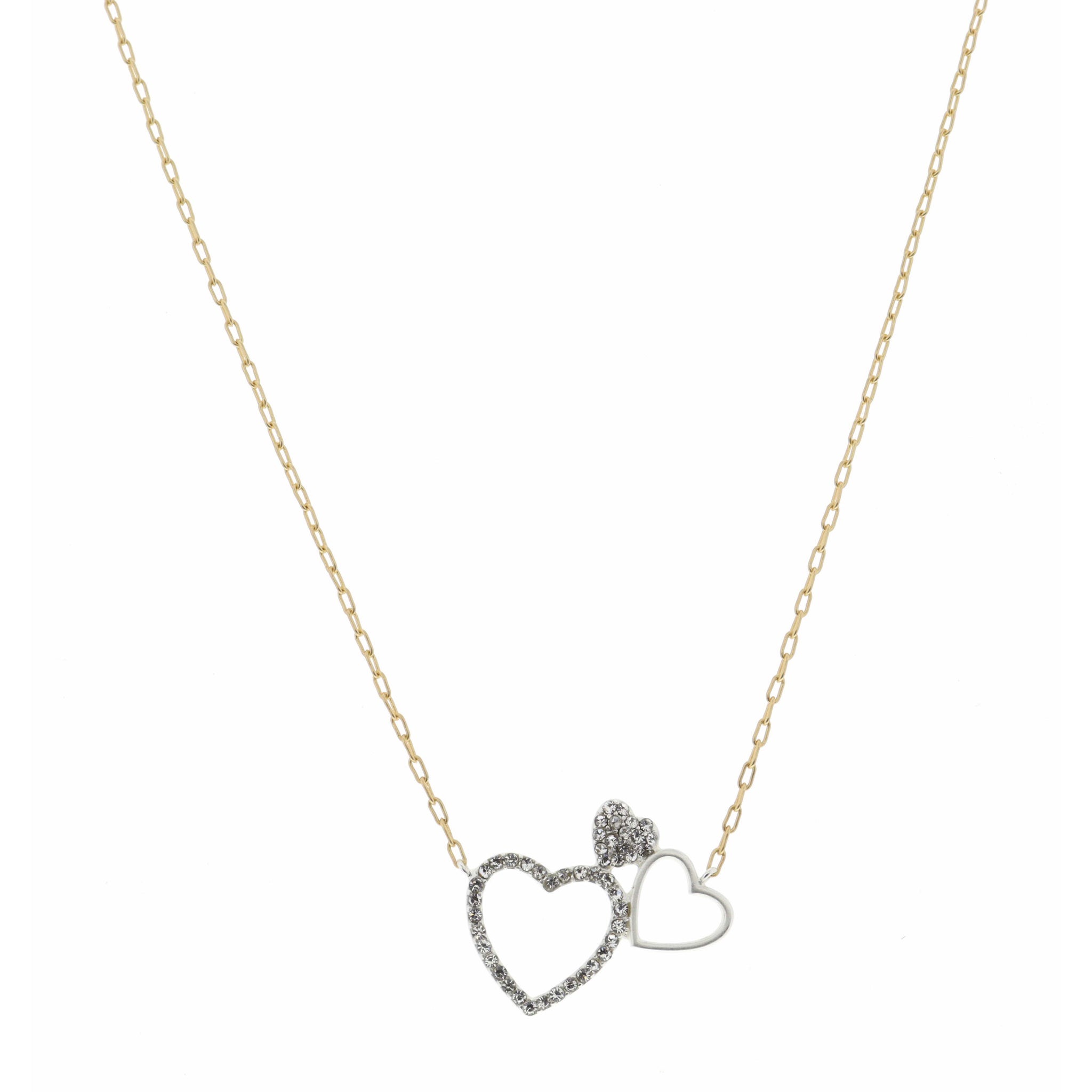 16" Two Tone, Open Heart, Small and Crystal Hearts Necklace, 3" Ext
