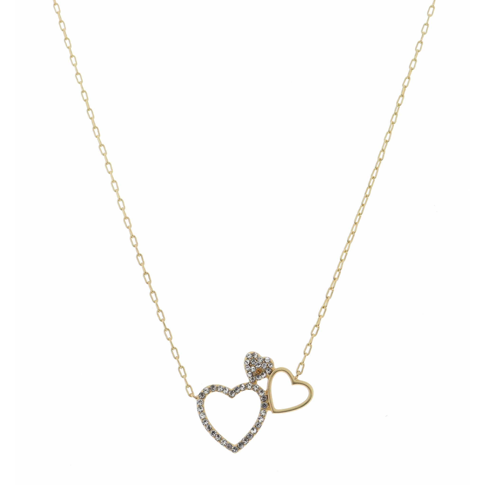 16" Gold, Open Heart, Small and Crystal Hearts Necklace, 3" Ext