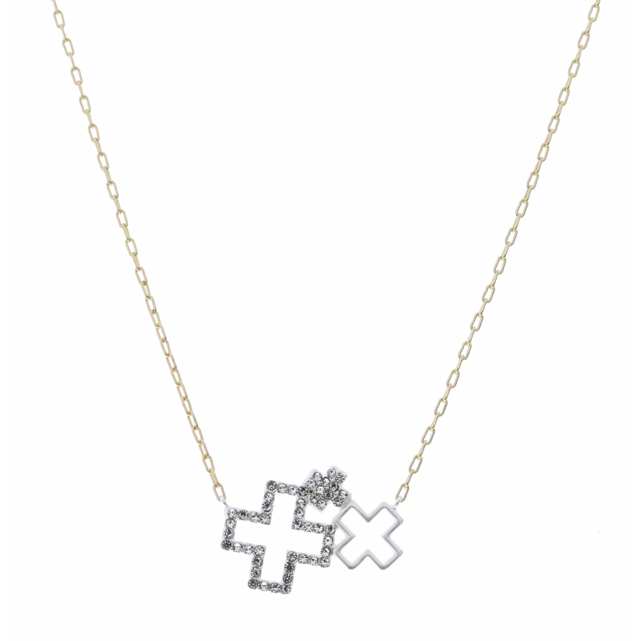 16" Two Tone, Open Cross, Small and Crystal Crosses Necklace, 3" Ext