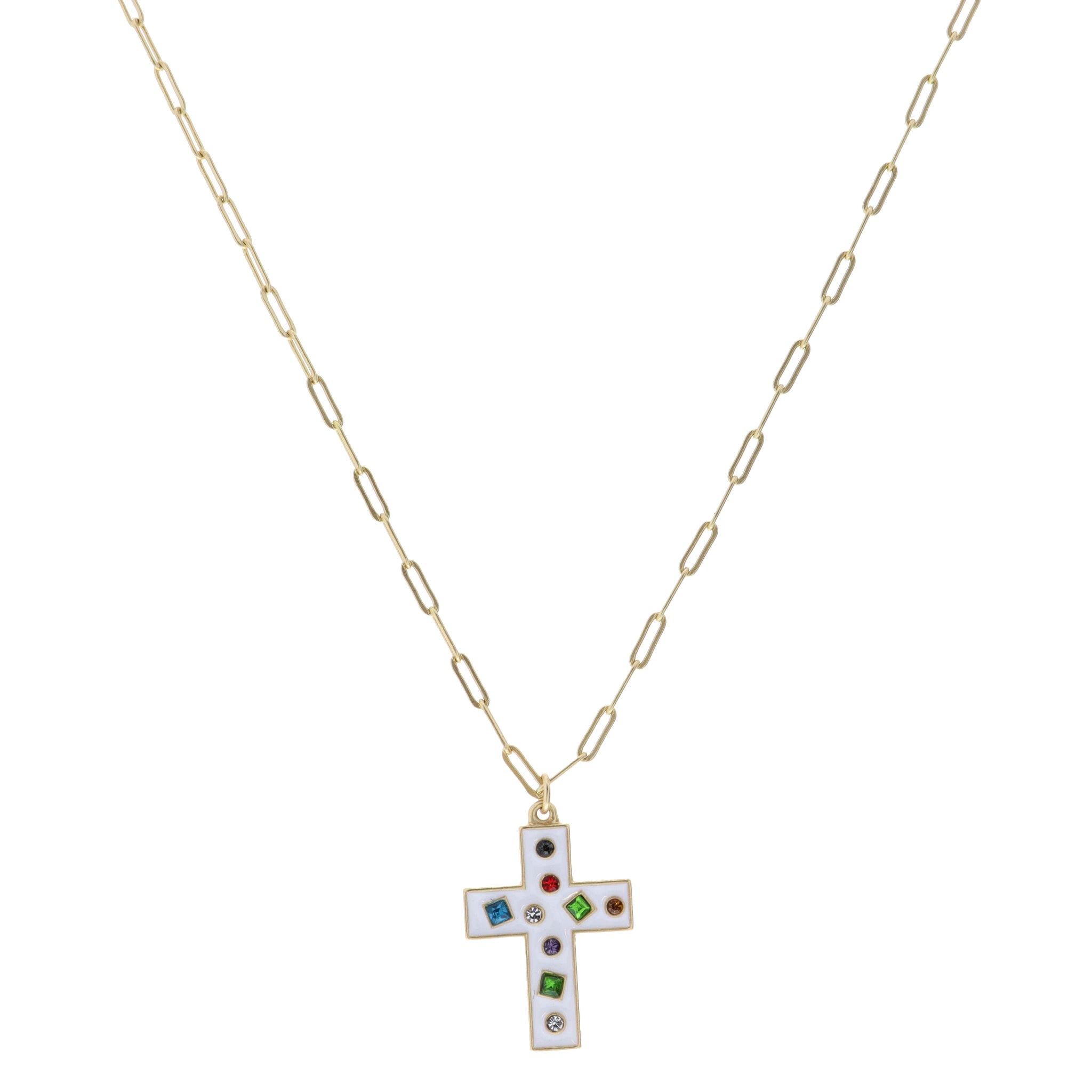 Kids 14" White Cross with Multi Crystals Necklace, 3" Ext