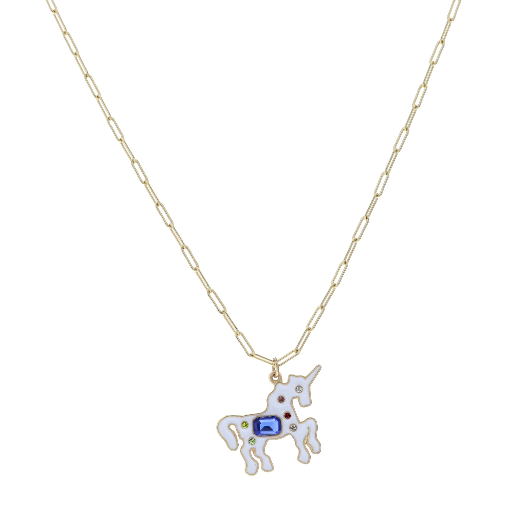 Kids 14" White Unicorn with Multi Crystals Necklace, 3" Ext