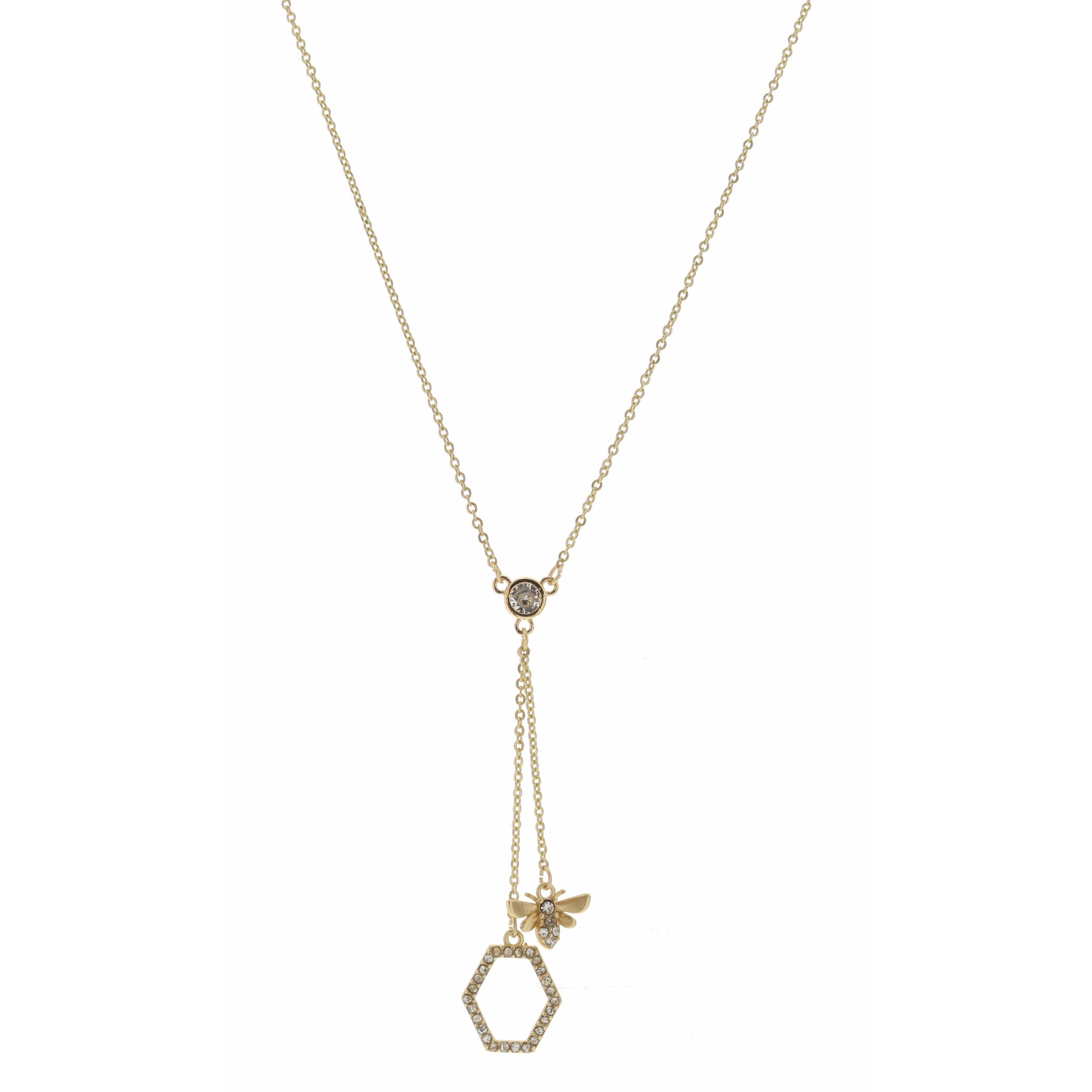 16" Crystal Station with Bee & Hexagon Dangles Necklace, 3" Ext