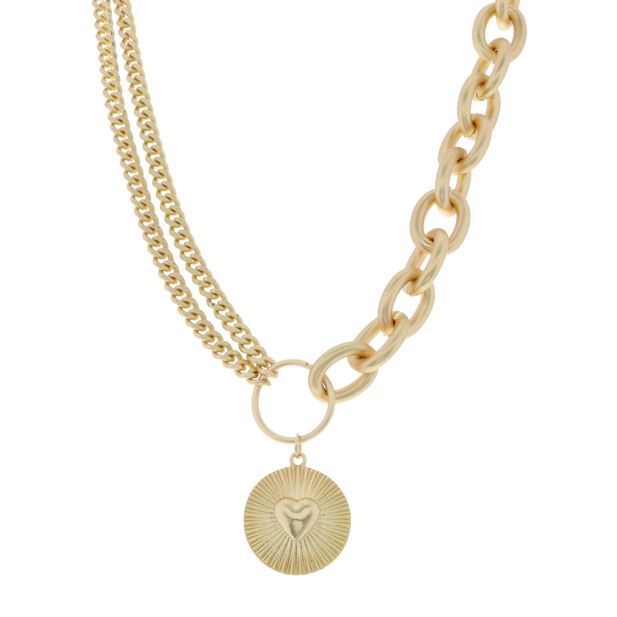 16" Small Heart on Textured Disc Necklace, 3" Ext