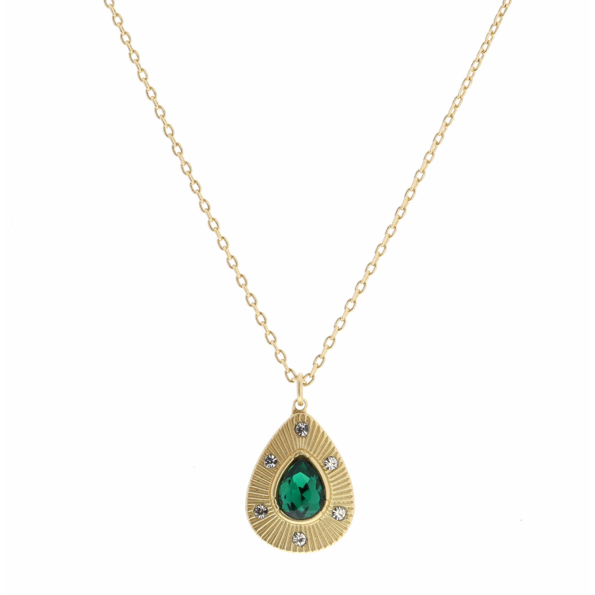 16" Teardrop with Center Emerald Teardrop Crystal Necklace, 3" Ext