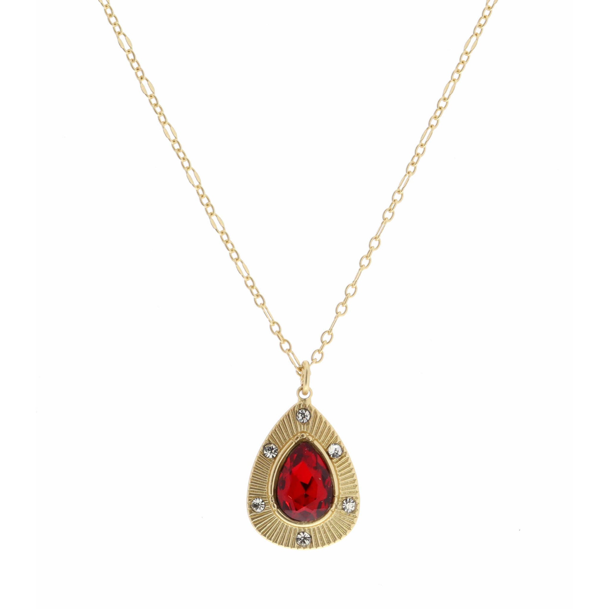 16" Teardrop with Center Ruby Teardrop Crystal Necklace, 3" Ext