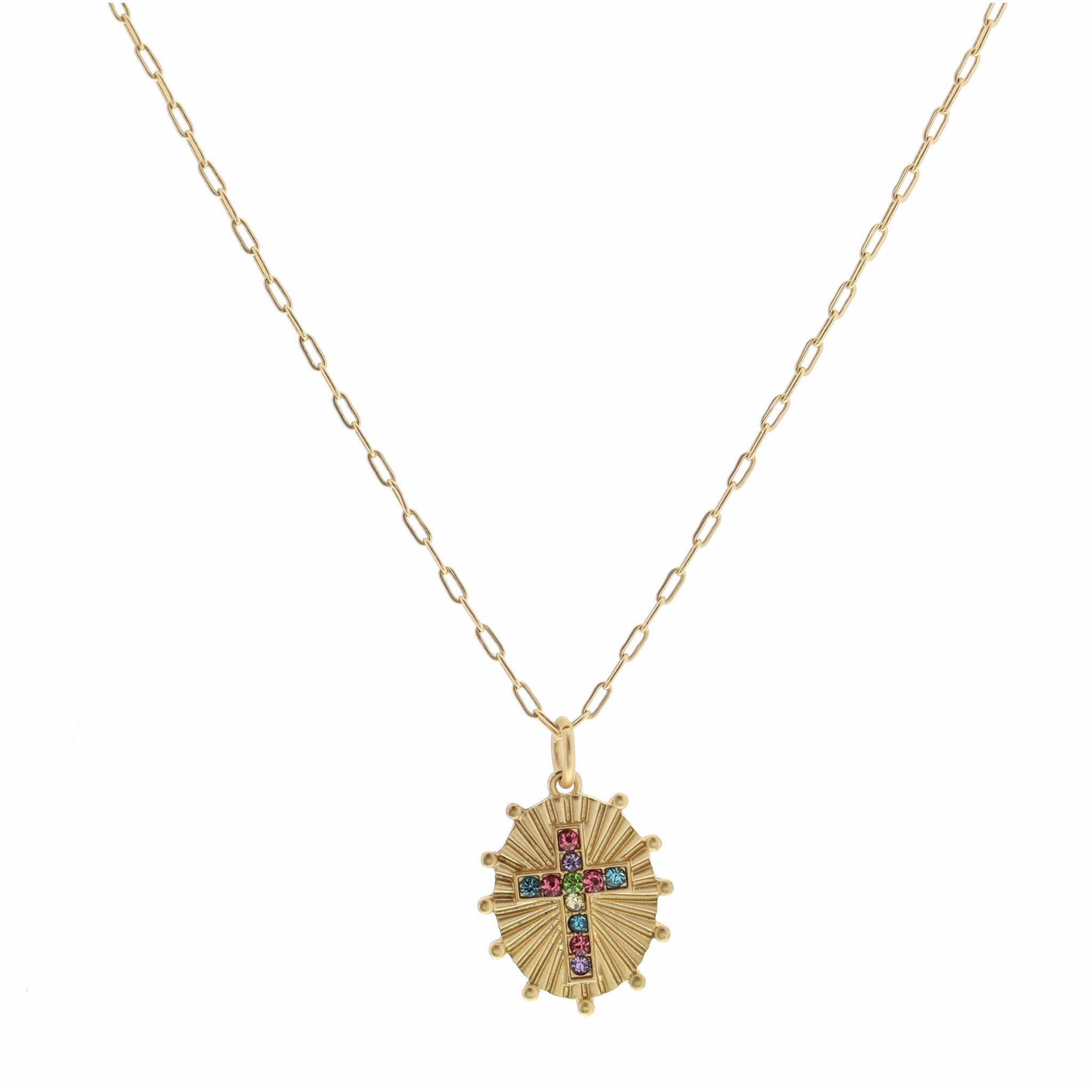 Kids 14" Multi Crystal Cross on Gold Oval Disc with Studs Necklace, 3" Ext