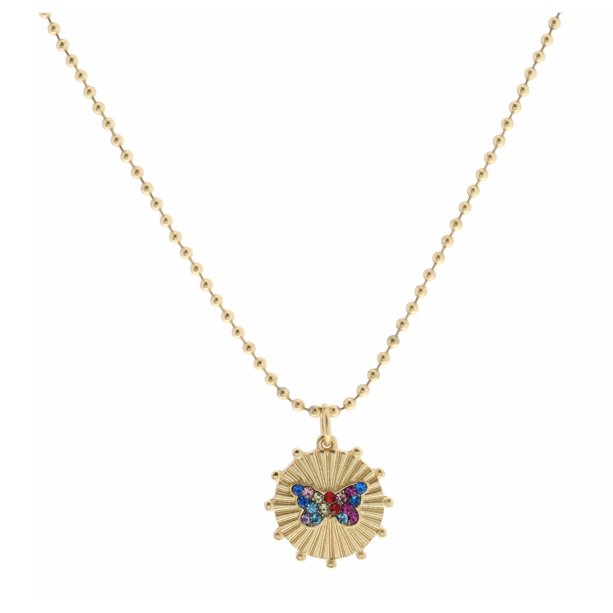 Kids 14" Multi Crystal Butterfly on Gold Disc with Studs Necklace, 3" Ext
