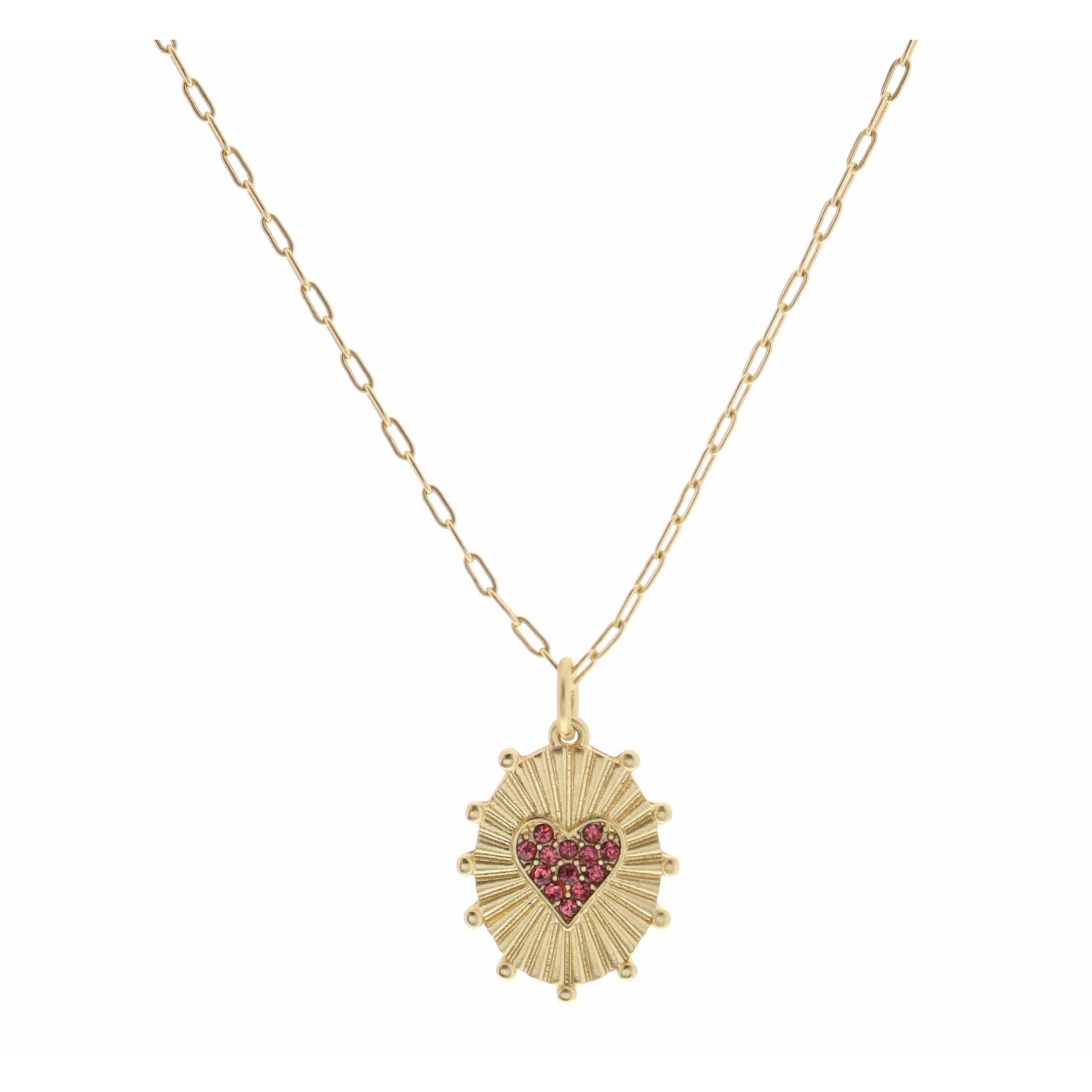 Kids 14" Pink Crystal Heart on Gold Oval Disc with Studs Necklace, 3" Ext