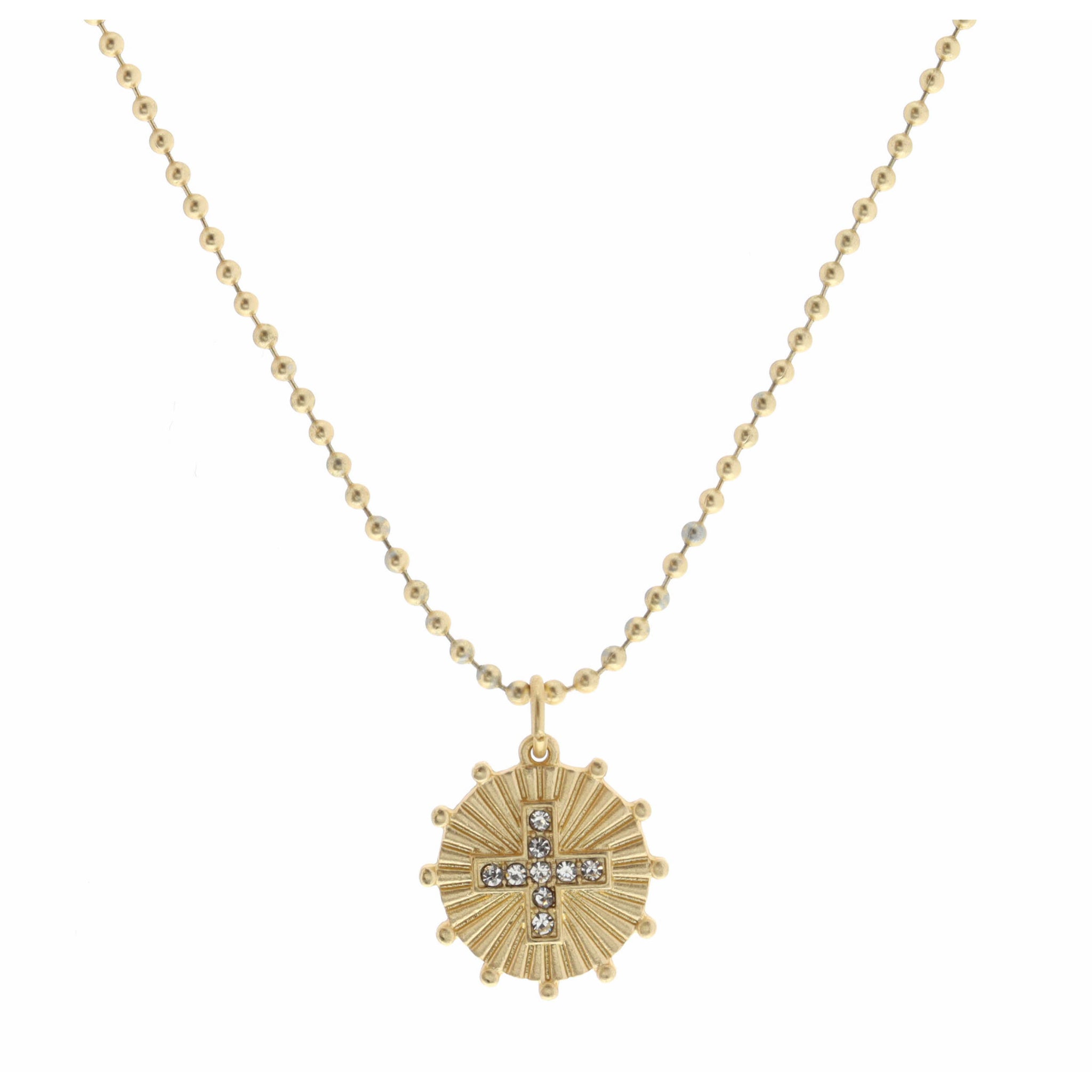 Kids 14" Clear Square Cross on Gold Disc with Studs Necklace, 3" Ext