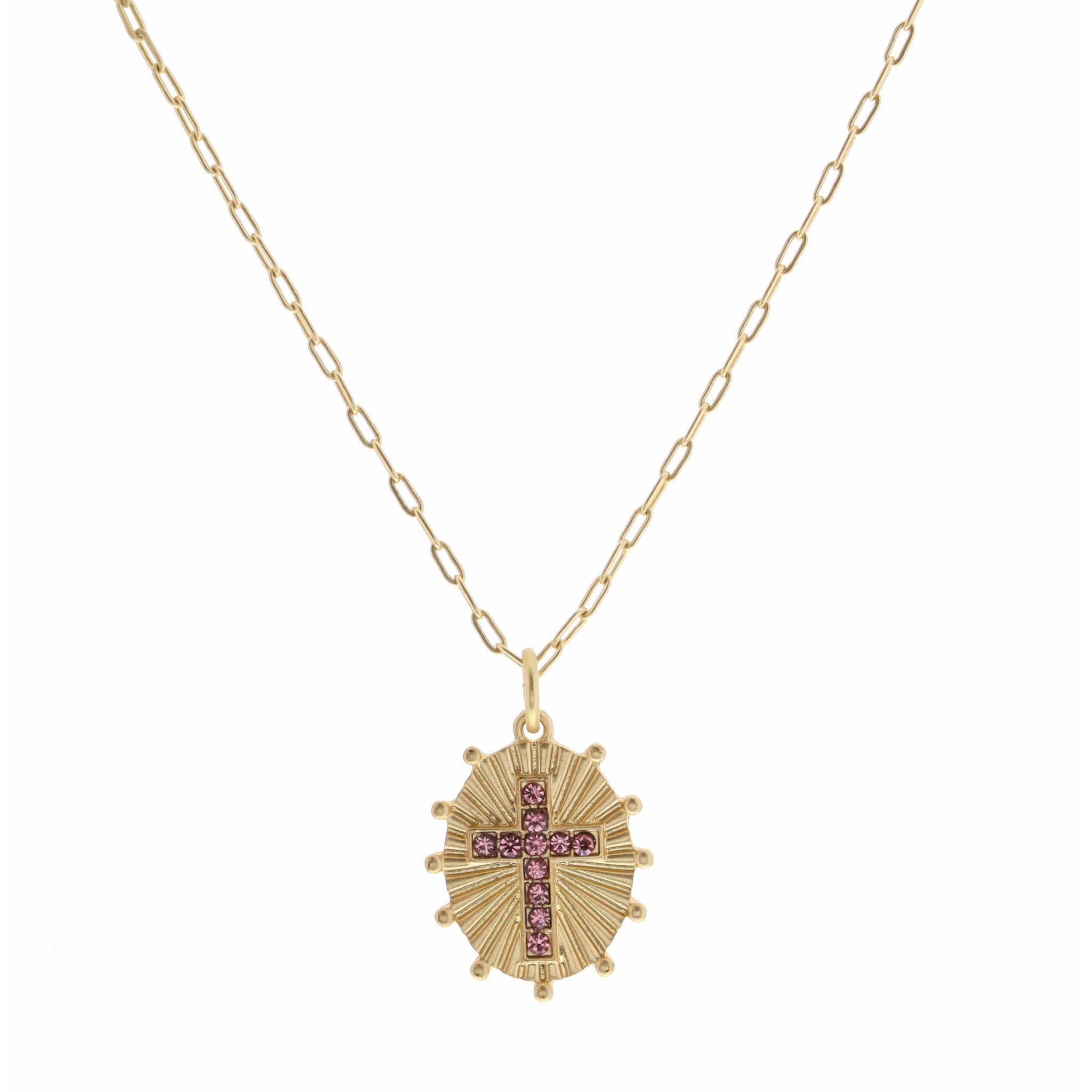 Kids 14" Pink Crystal Cross on Gold Oval Disc with Studs Necklace, 3" Ext