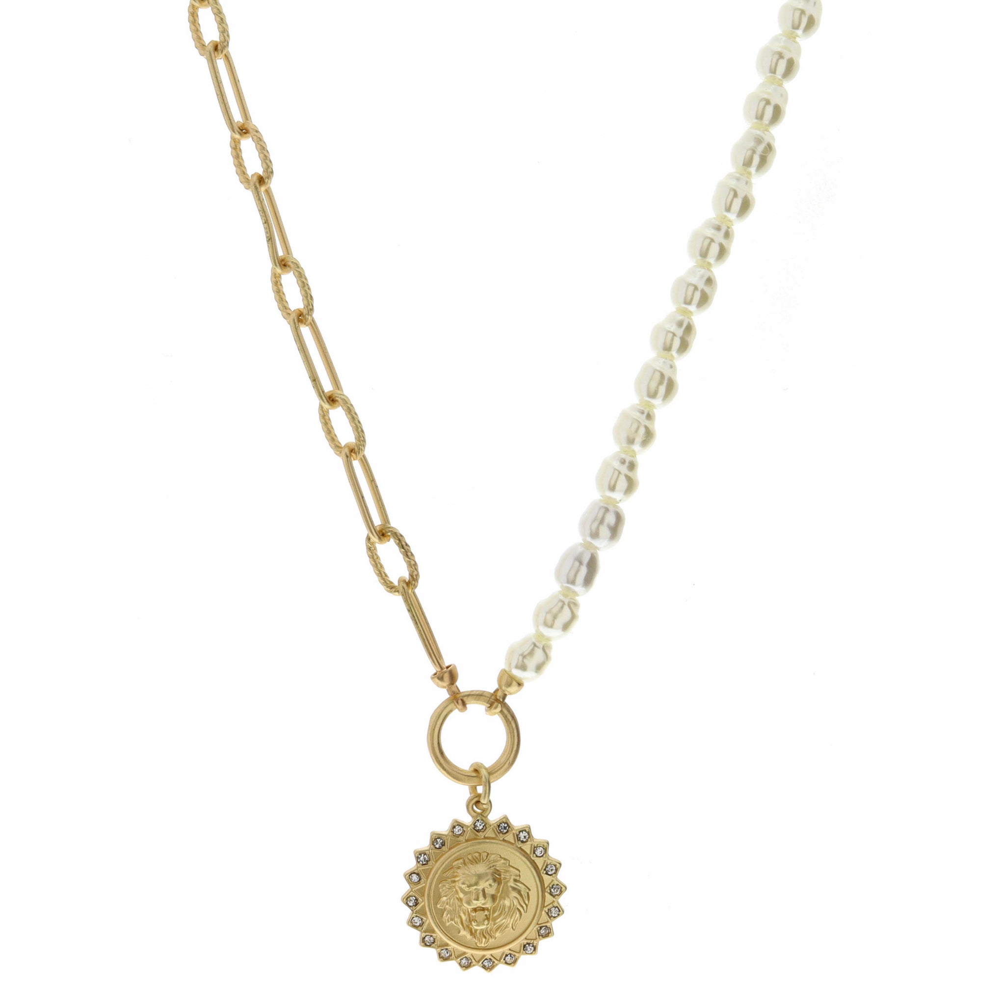18" Half Pearl, Half Gold Chain, Lion Head on Gold Medal Necklace, 3" Ext