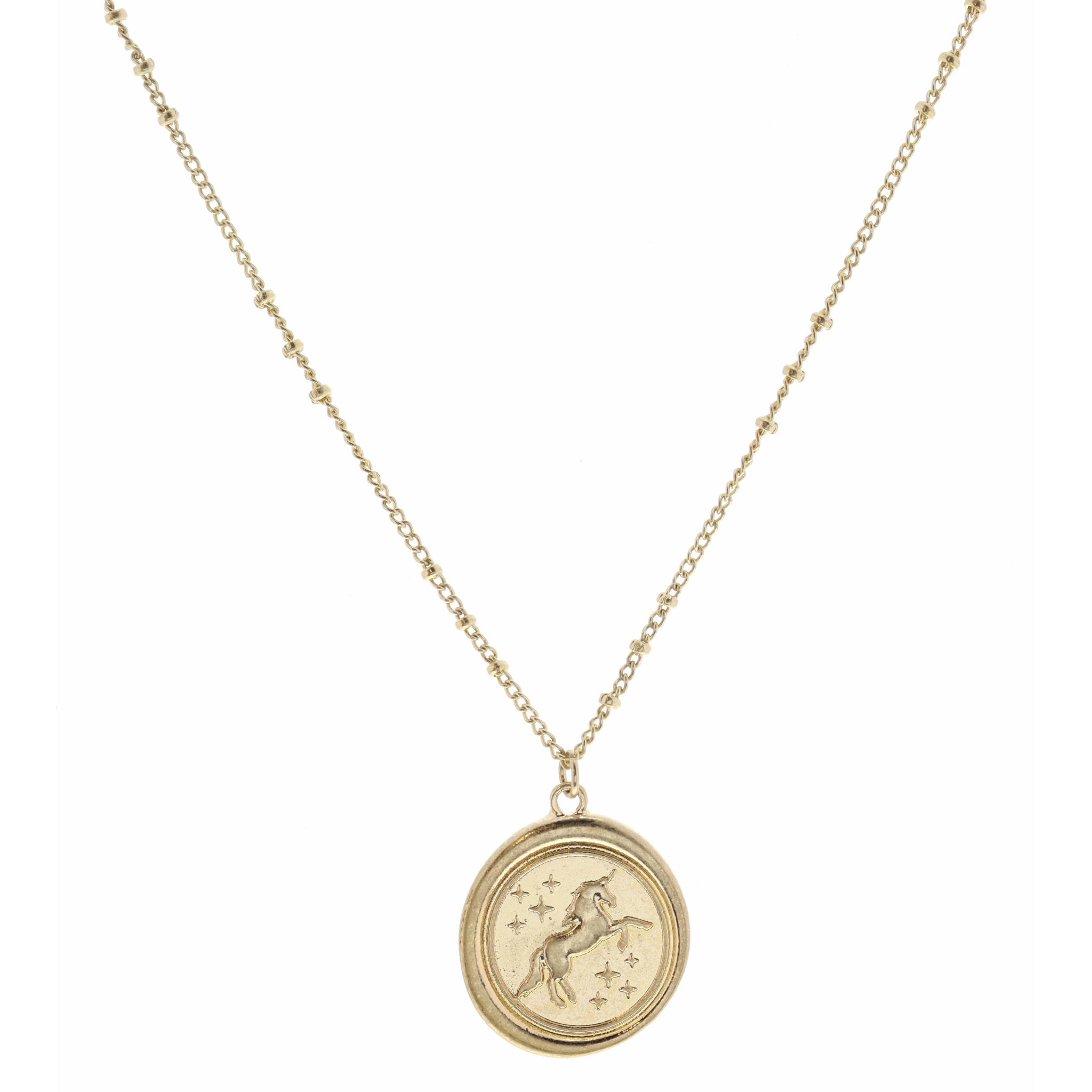 Kids 14" Gold Stamped Unicorn Disc with Stars Necklace, 3" Ext