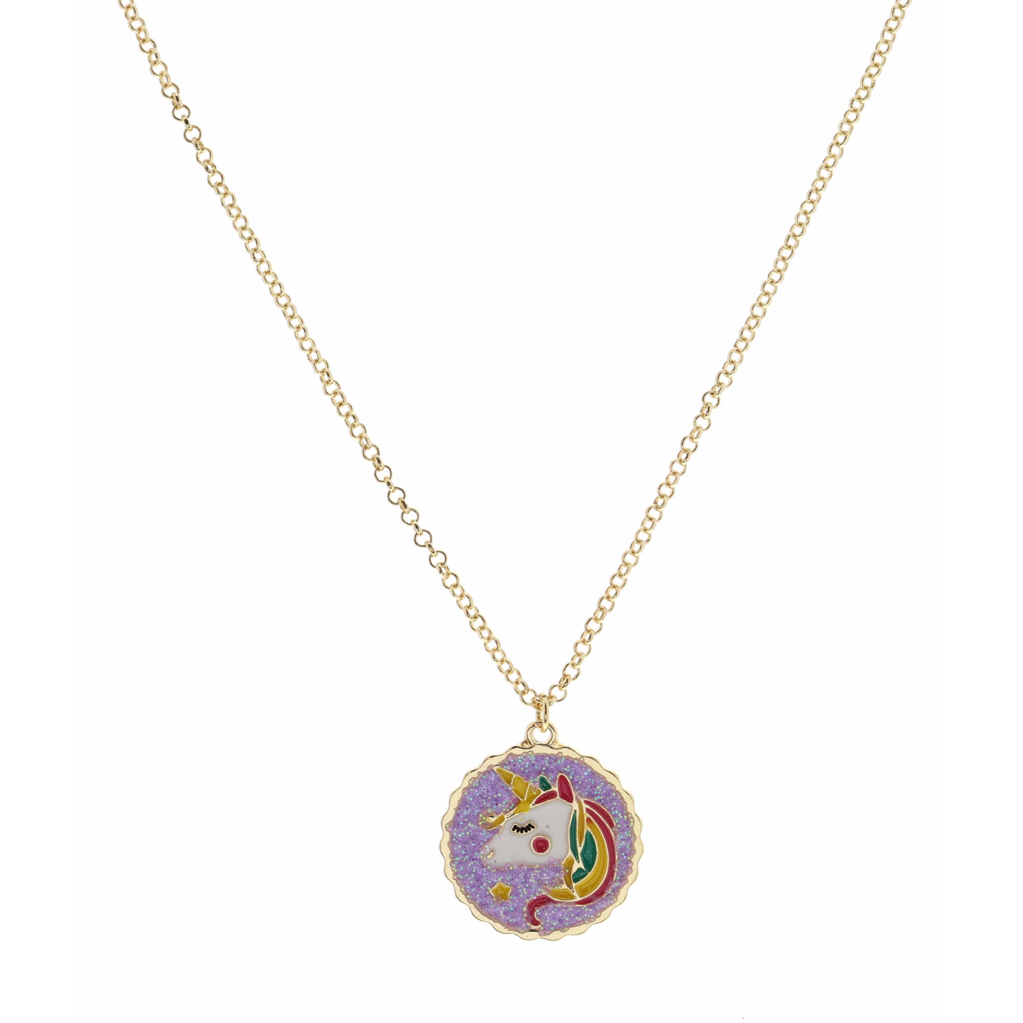 Kids 14" Lavender AB Glitter Disc with Unicorn Head Necklace, 3" Ext