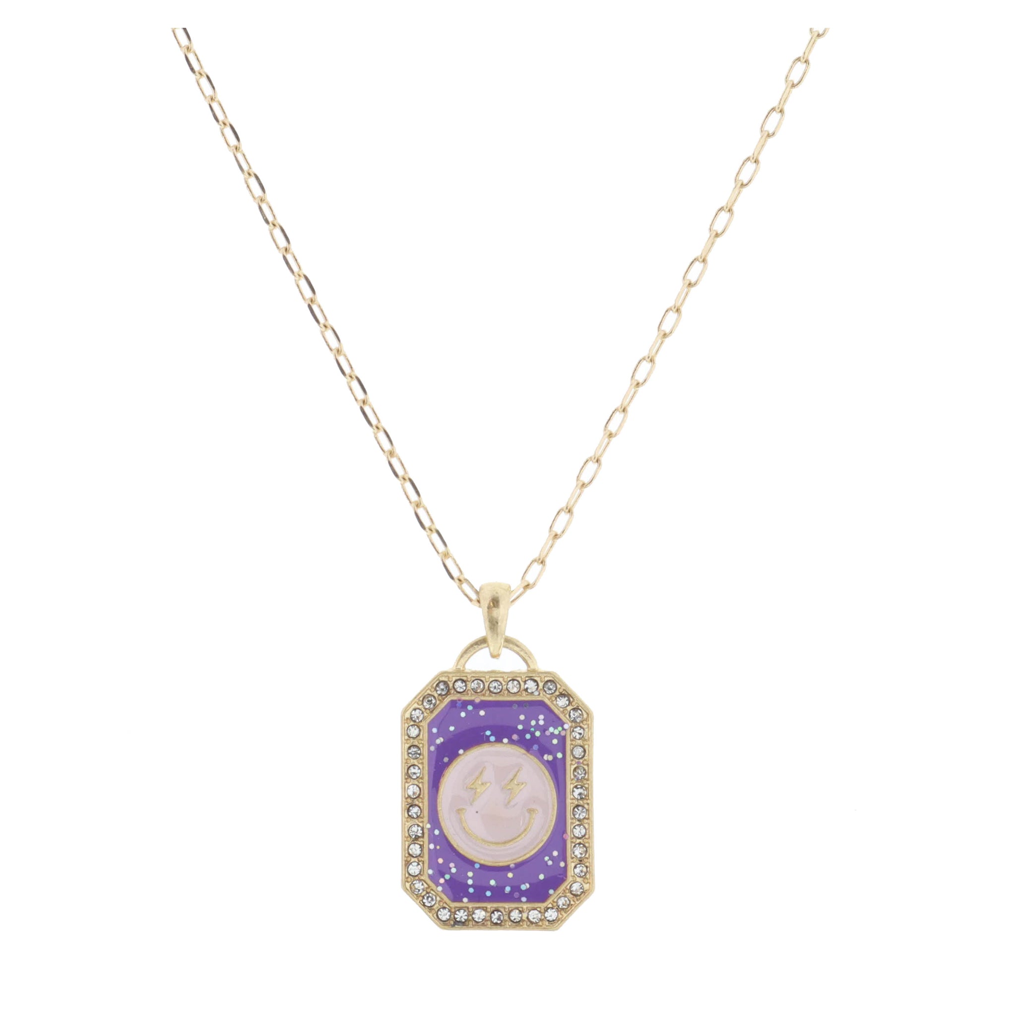 Kids 14" Purple Glitter Enamel with Pink Happy Face Necklace, 2" Ext